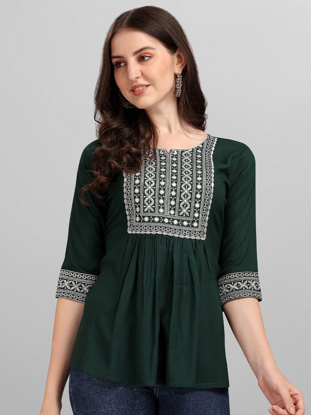 

FabFairy Green Embroidered Top