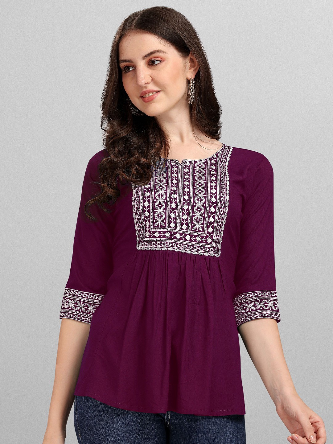 

FabFairy Purple Viscose Rayon Embroidered Tunic