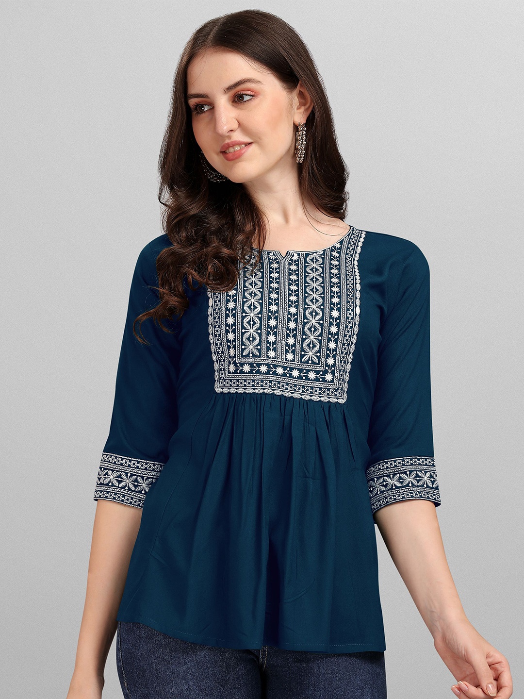 

FabFairy Teal Viscose Rayon Embroidered Tunic