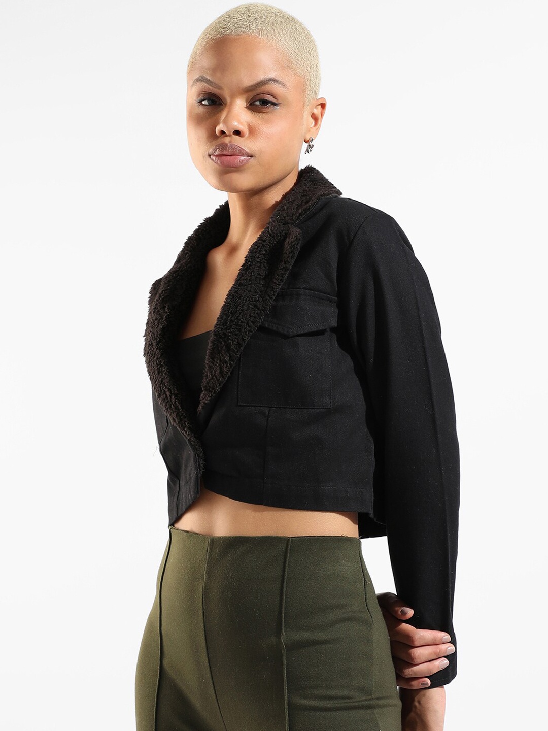 

Campus Sutra Women Black Windcheater Crop Outdoor Tailored Jacket