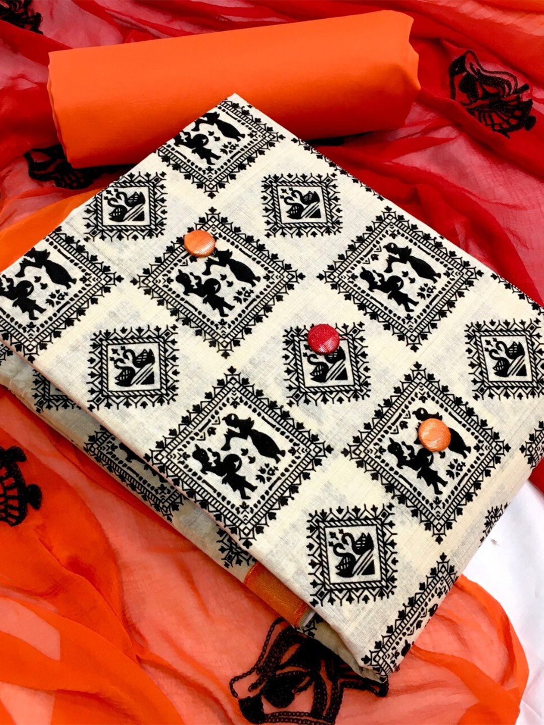 

MORLY Orange & White Printed Unstitched Dress Material