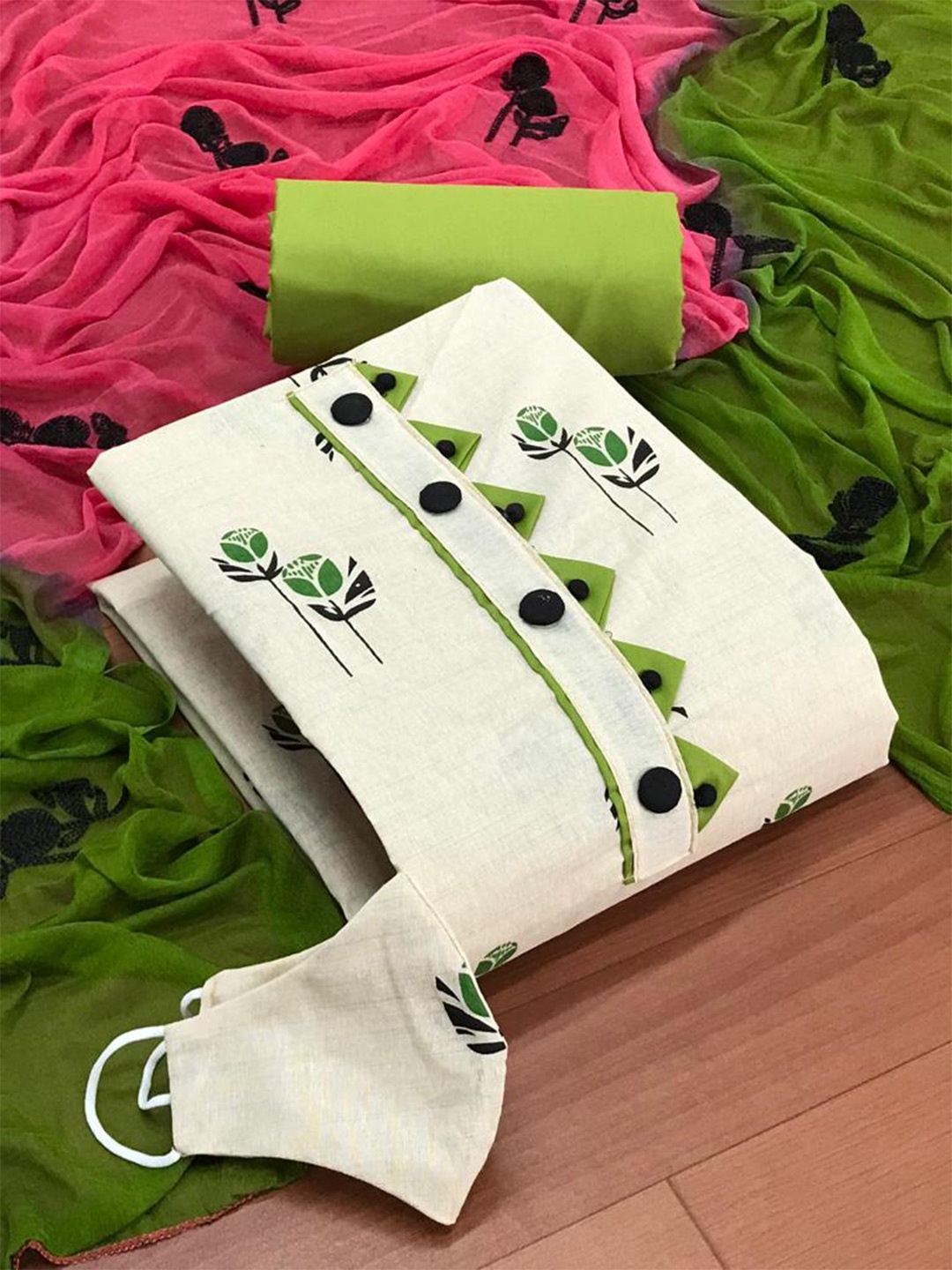 

MORLY White & Green Printed Unstitched Dress Material