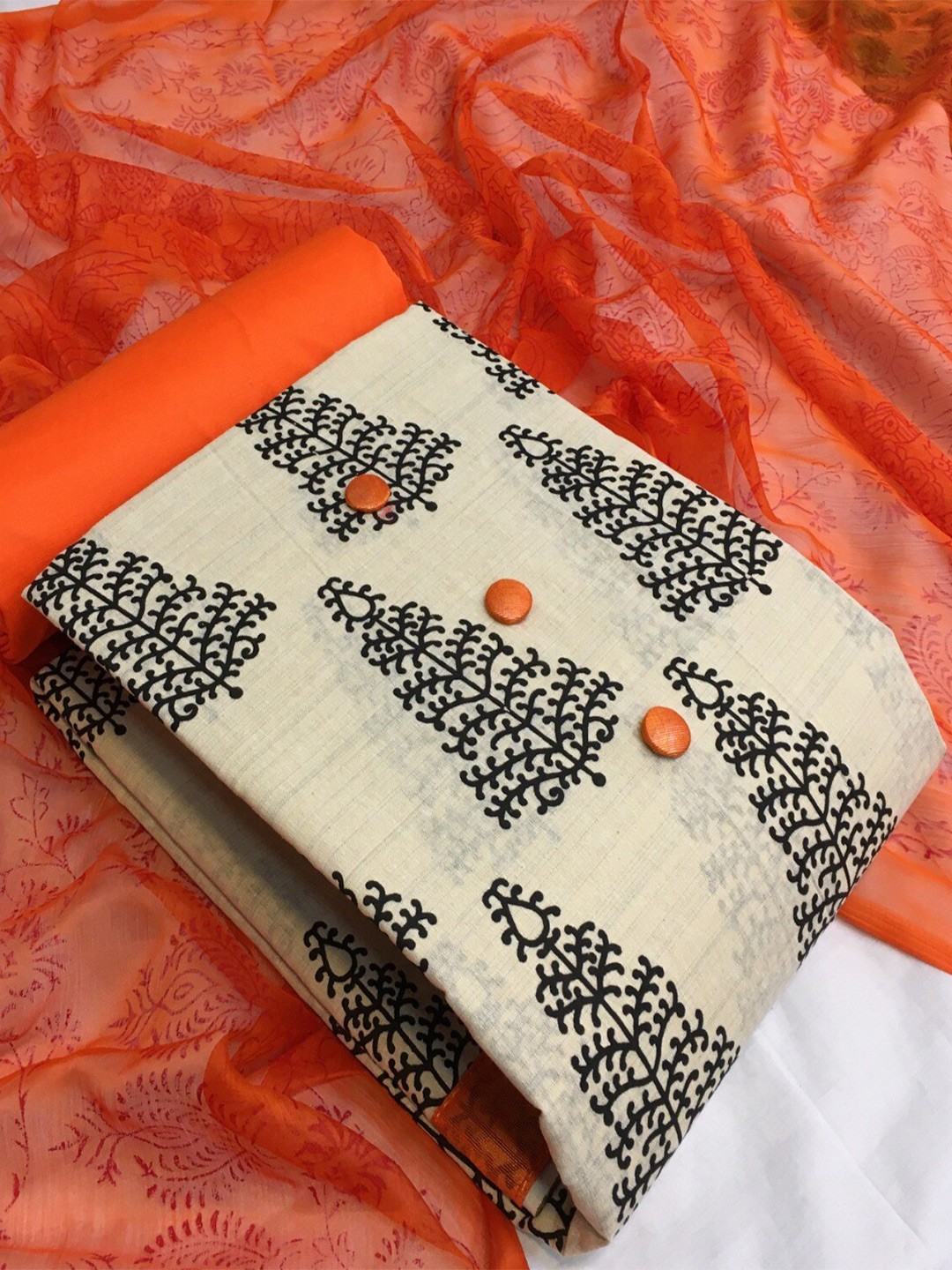 

MORLY Off White & Orange Printed Unstitched Dress Material