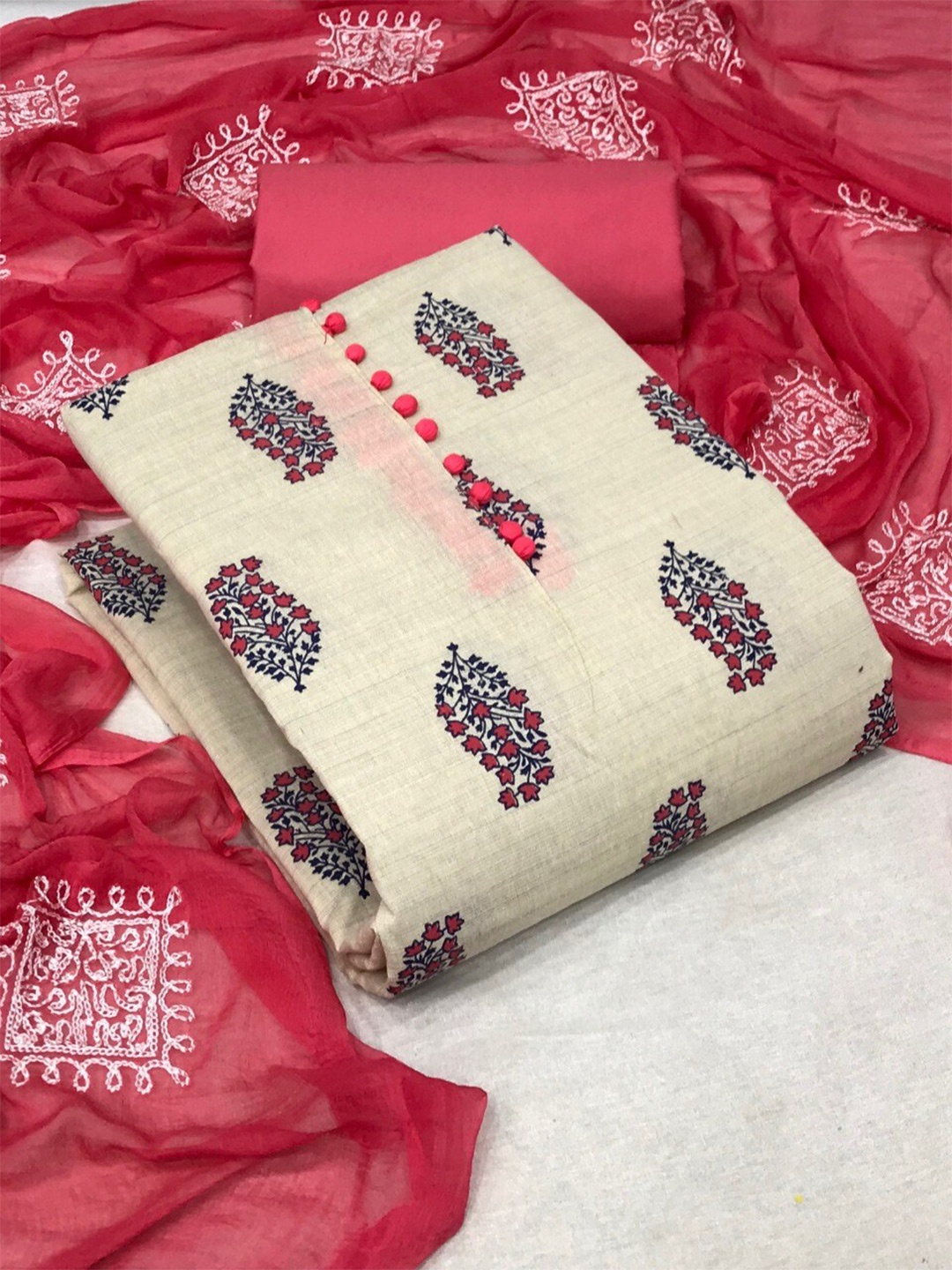 

MORLY White & Red Printed Unstitched Dress Material