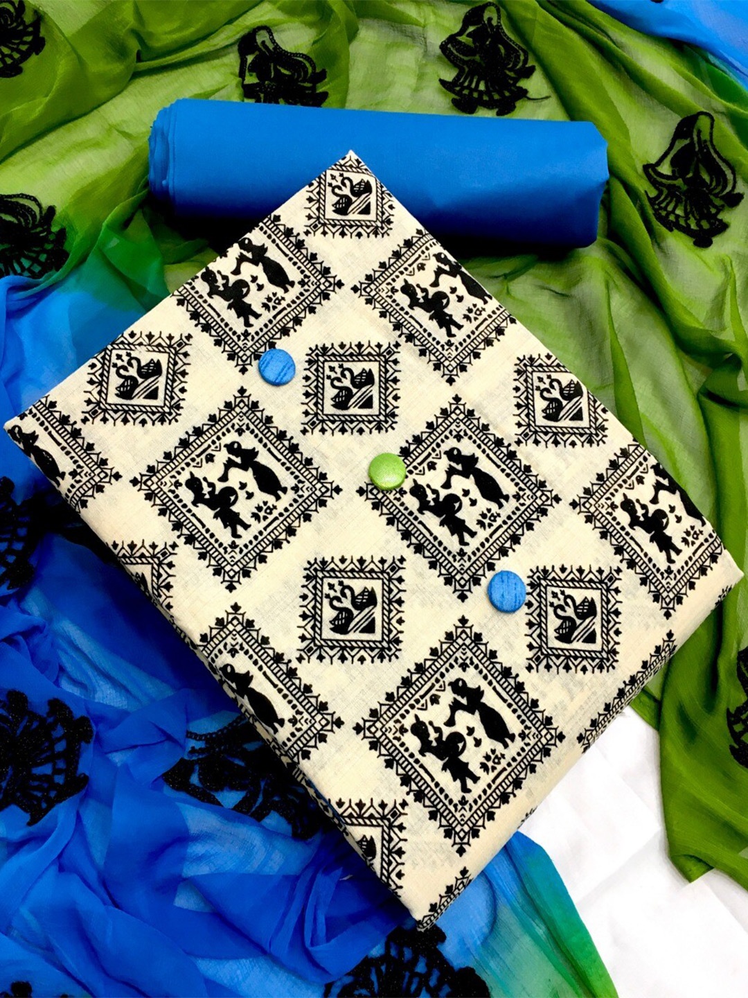

MORLY Blue & White Printed Unstitched Dress Material