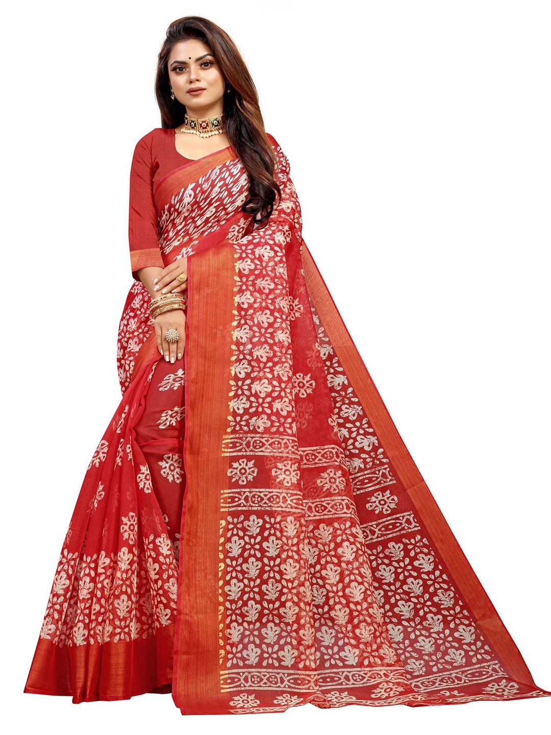 

FINIVO FASHION Red & White Ethnic Motifs Silk Cotton Saree