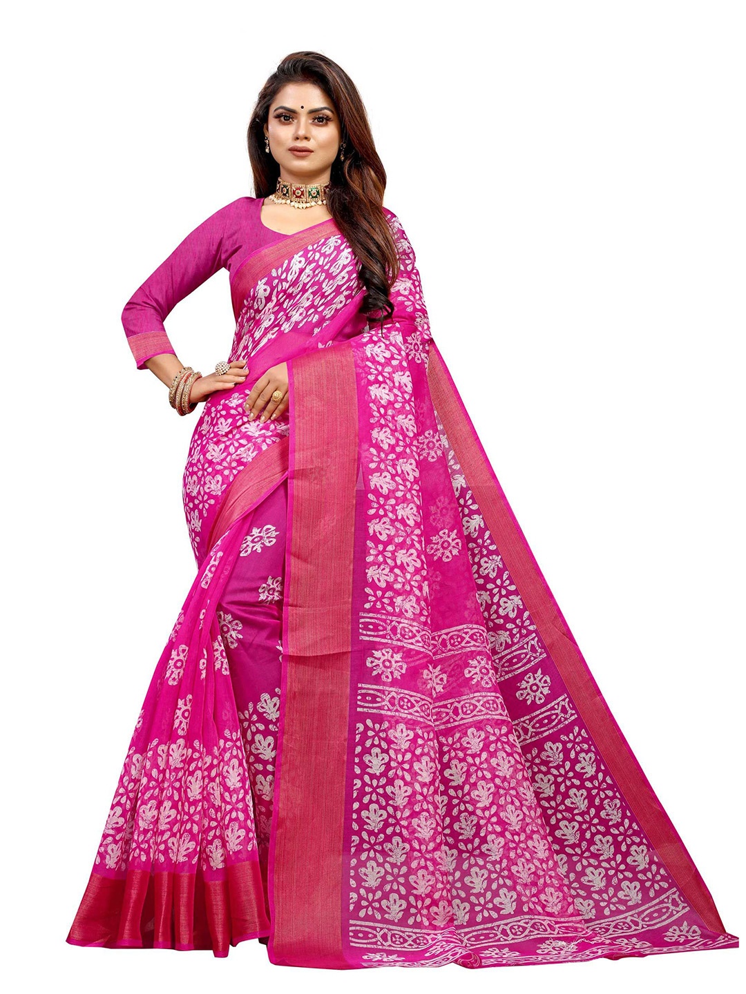 

FINIVO FASHION Pink & White Ethnic Motifs Silk Cotton Saree