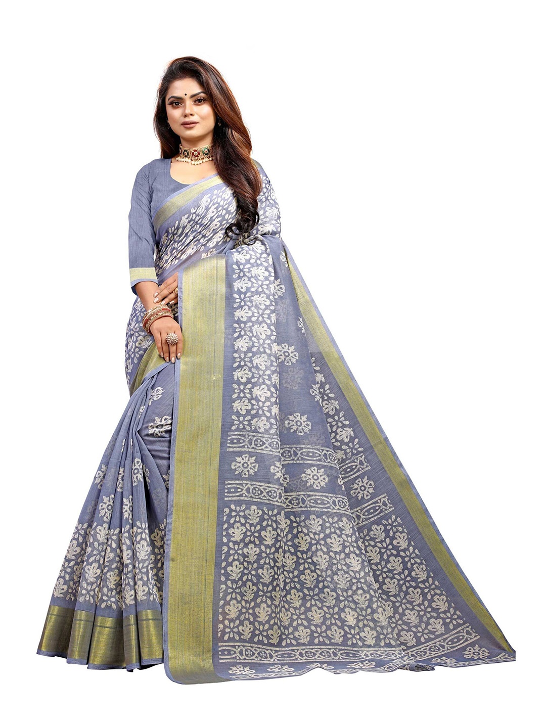 

FINIVO FASHION Grey & White Silk Cotton Saree