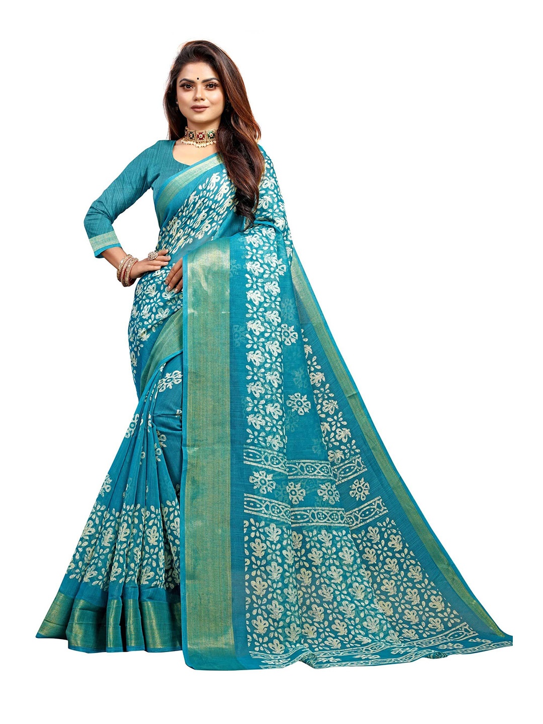 

FINIVO FASHION Turquoise Blue & White Floral Zari Silk Cotton Saree