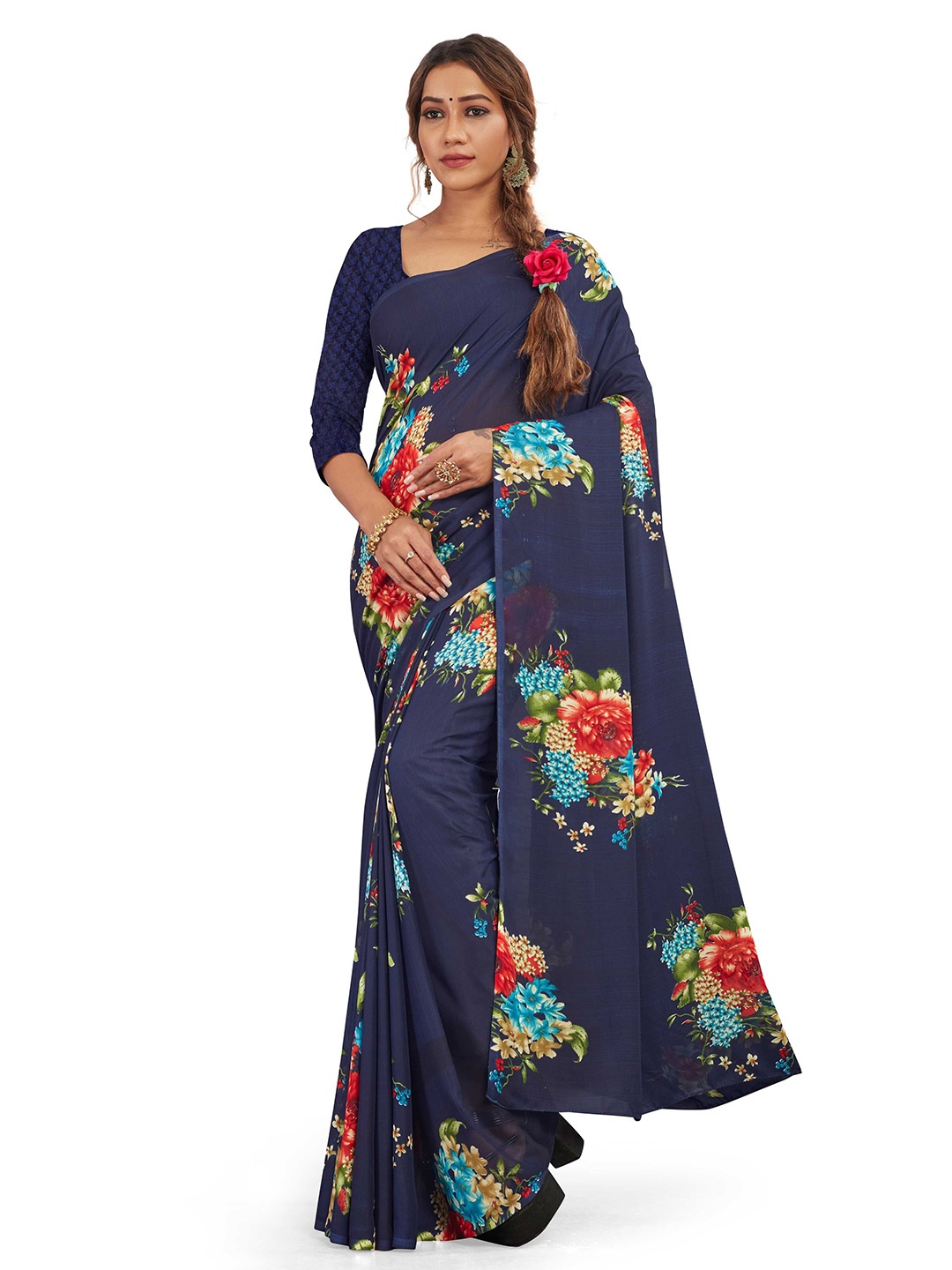 

FINIVO FASHION Navy Blue & Red Floral Saree
