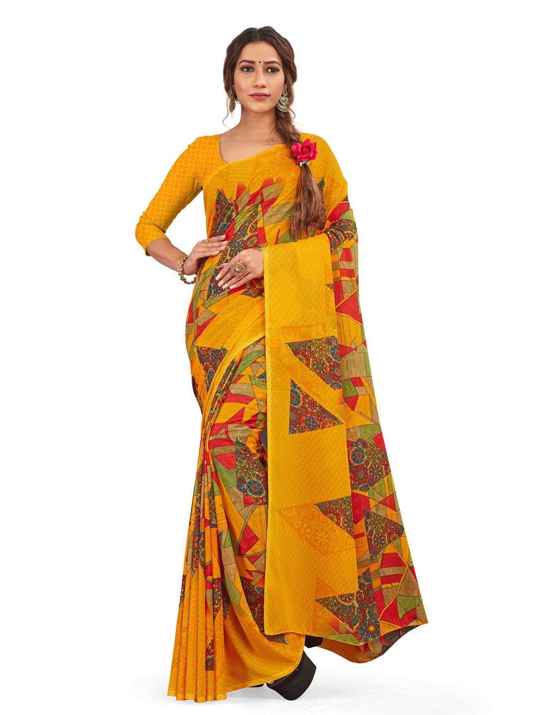 

FINIVO FASHION Yellow & Red Printed Saree