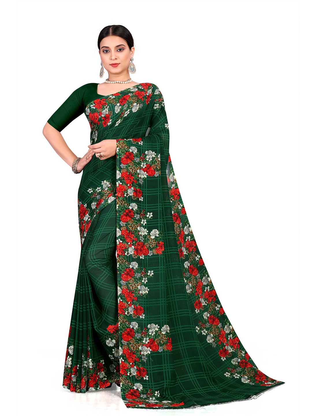 

FINIVO FASHION Green & Red Floral Saree