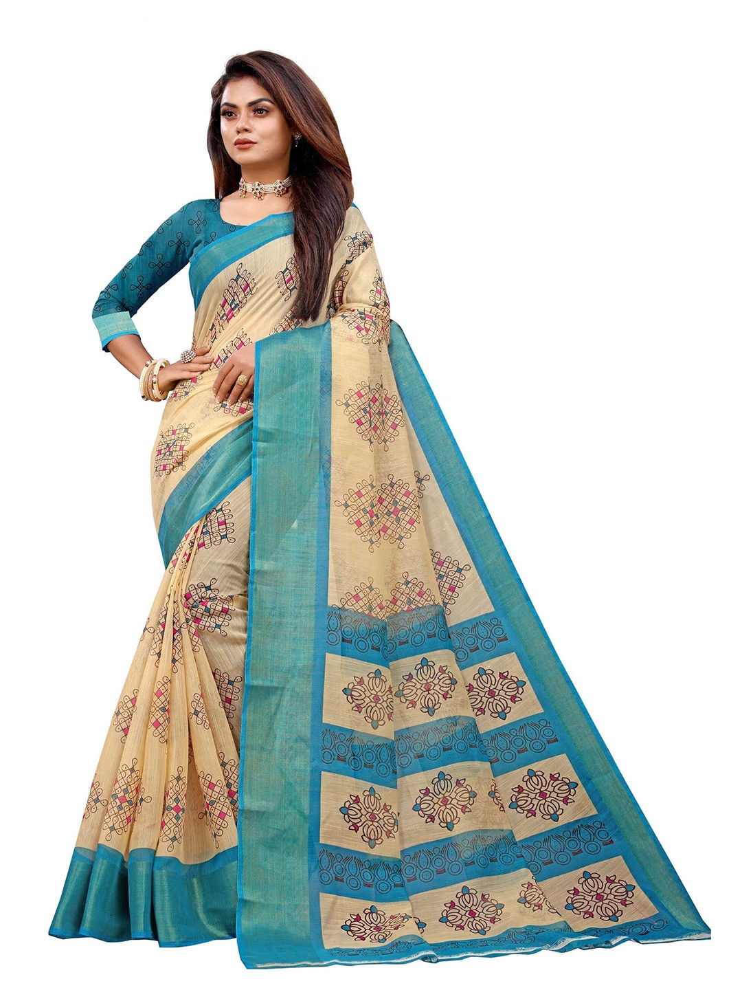 

FINIVO FASHION Turquoise Blue & Beige Ethnic Motifs Silk Cotton Saree