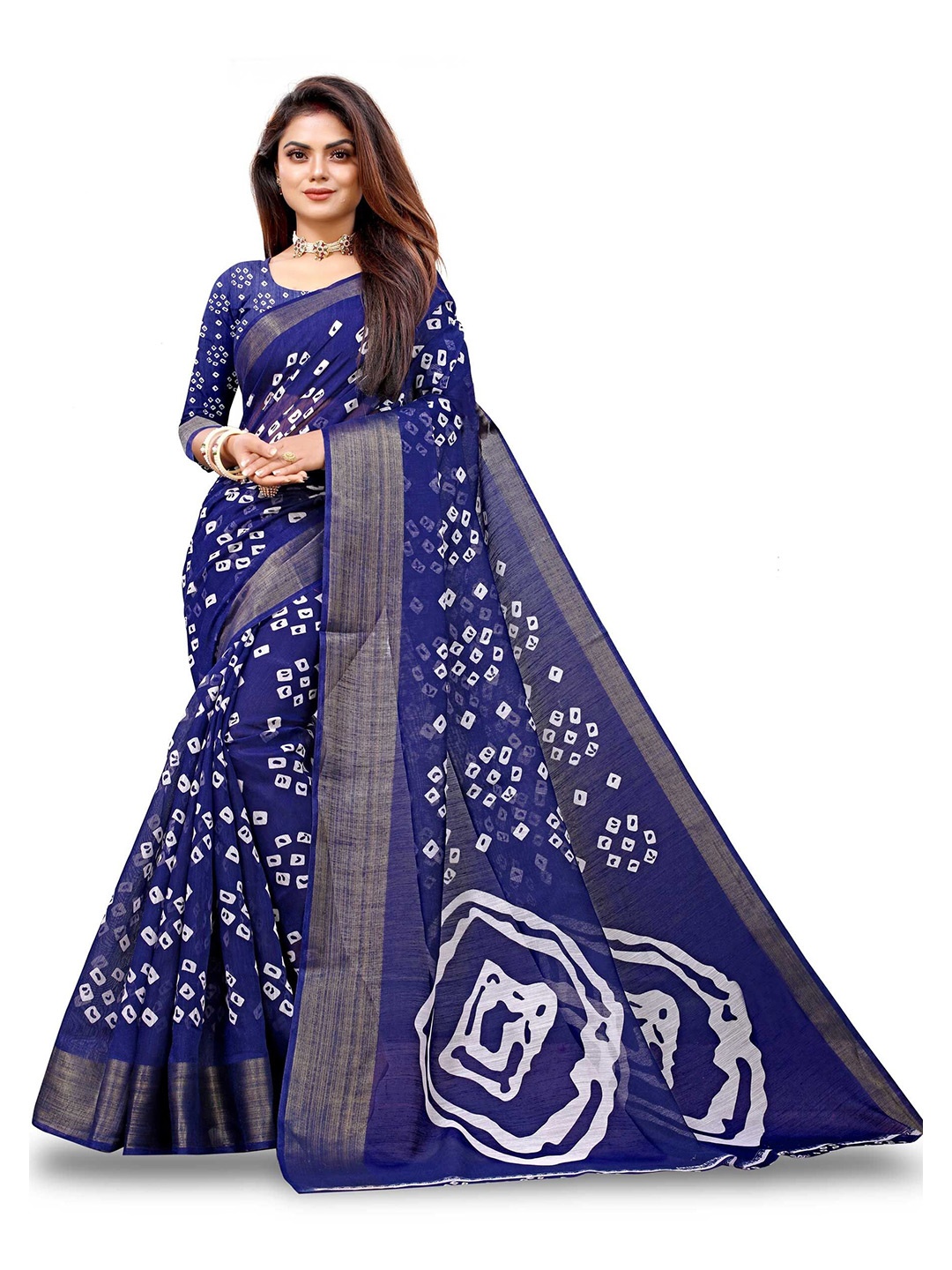 

FINIVO FASHION Blue & White Bandhani Silk Cotton Saree