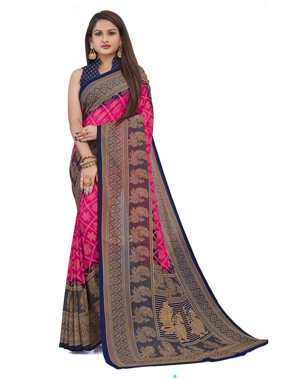 

FINIVO FASHION Pink & Blue Floral Saree