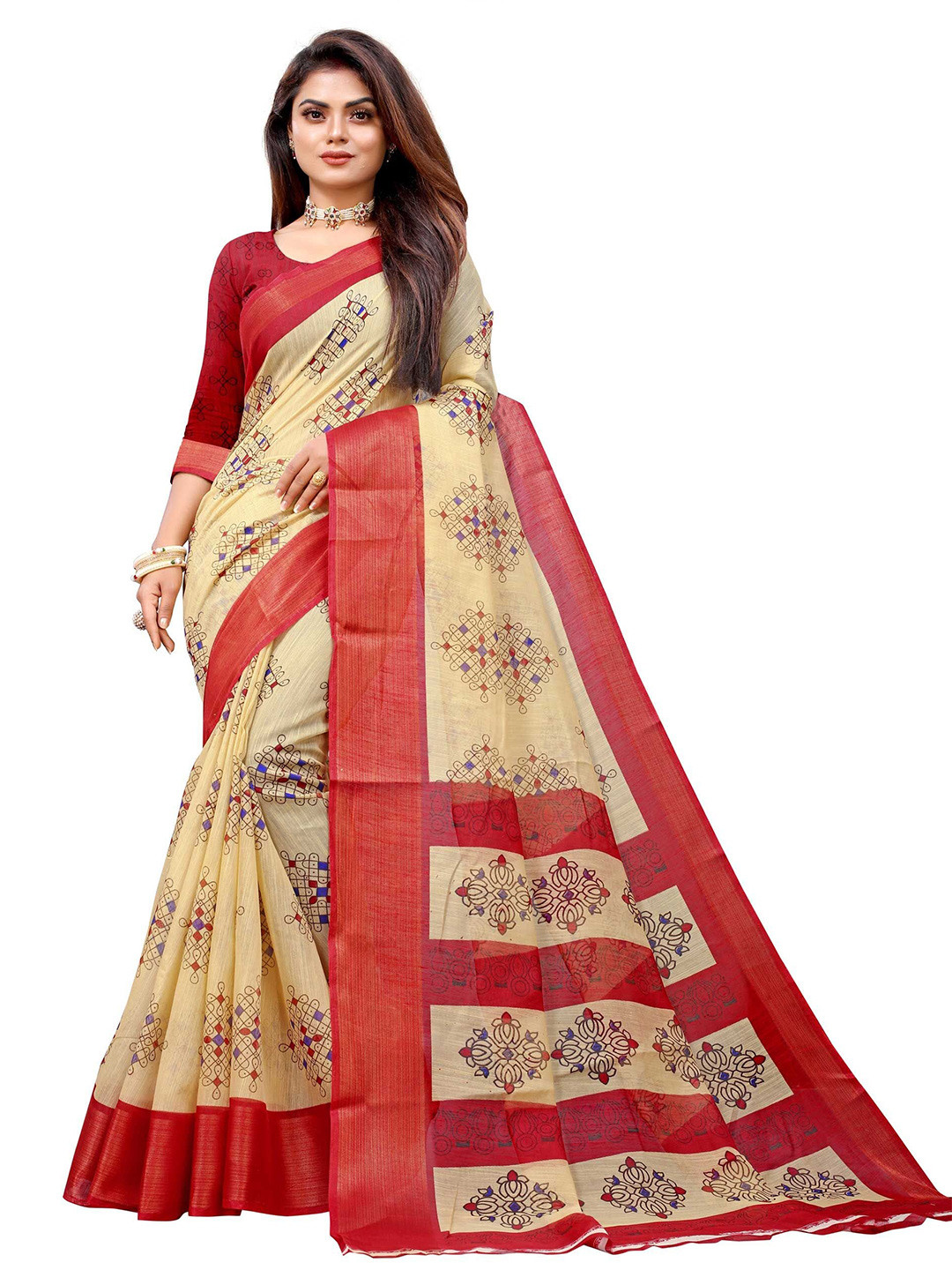 

FINIVO FASHION Beige & Red Ethnic Motifs Silk Cotton Saree