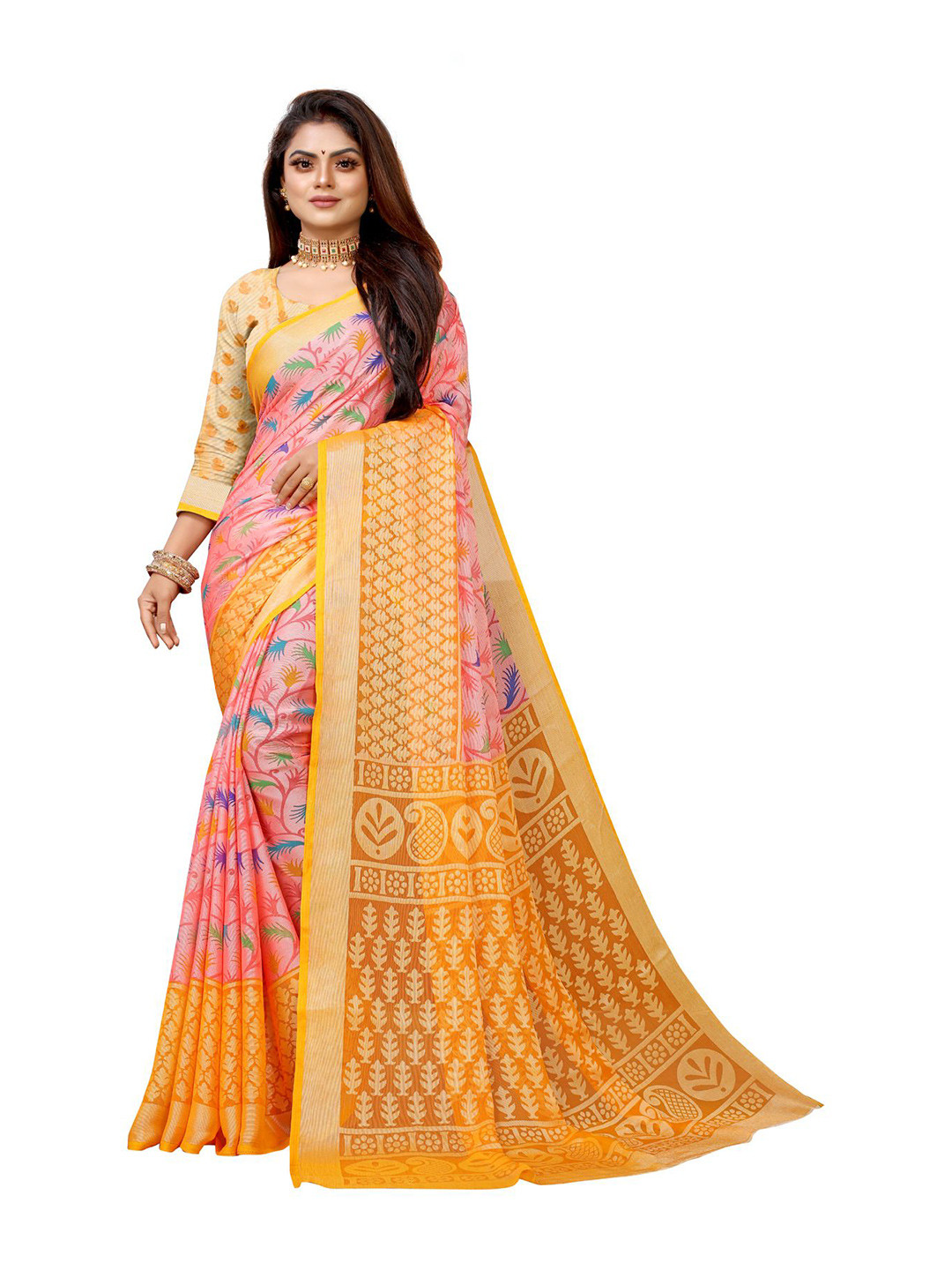 

FINIVO FASHION Yellow & Pink Ethnic Motifs Brasso Block Print Saree