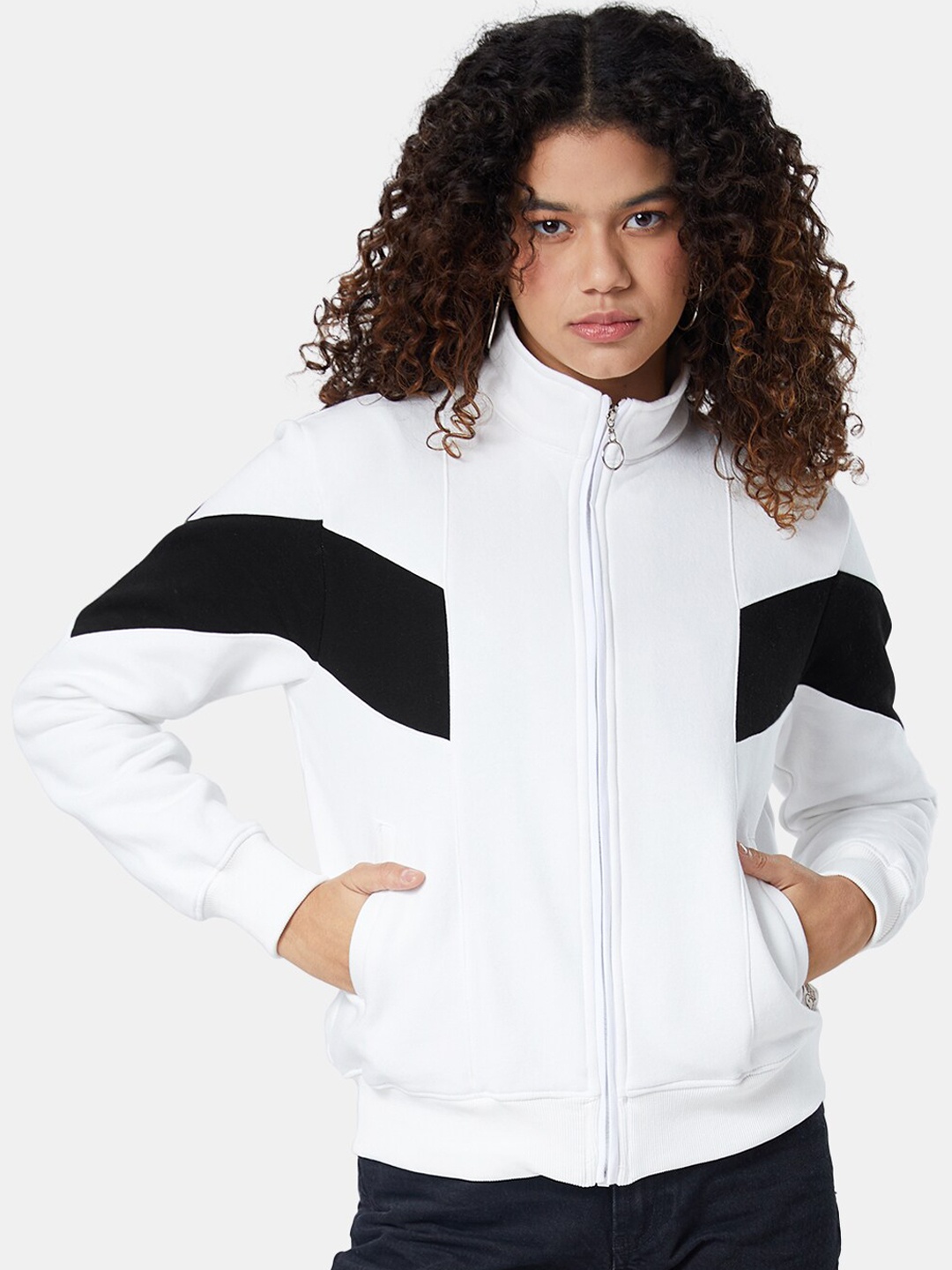 

The Souled Store Women Black Colourblocked Pure Cotton Bomber with Patchwork Jacket