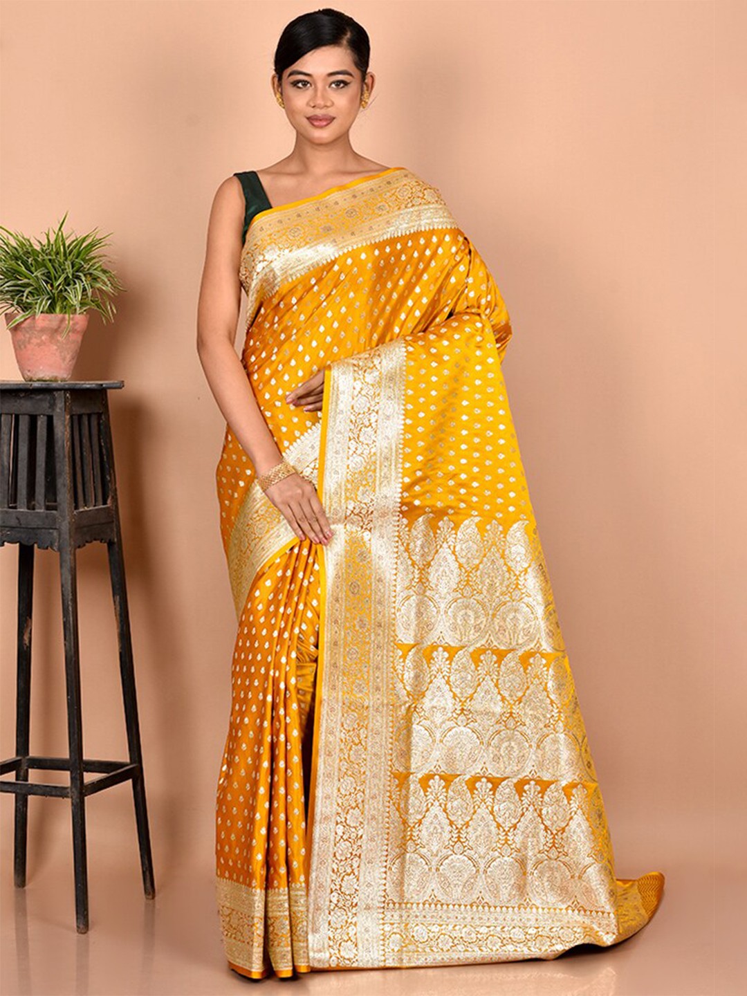 

AllSilks Yellow & Grey Floral Zari Silk Blend Banarasi Saree