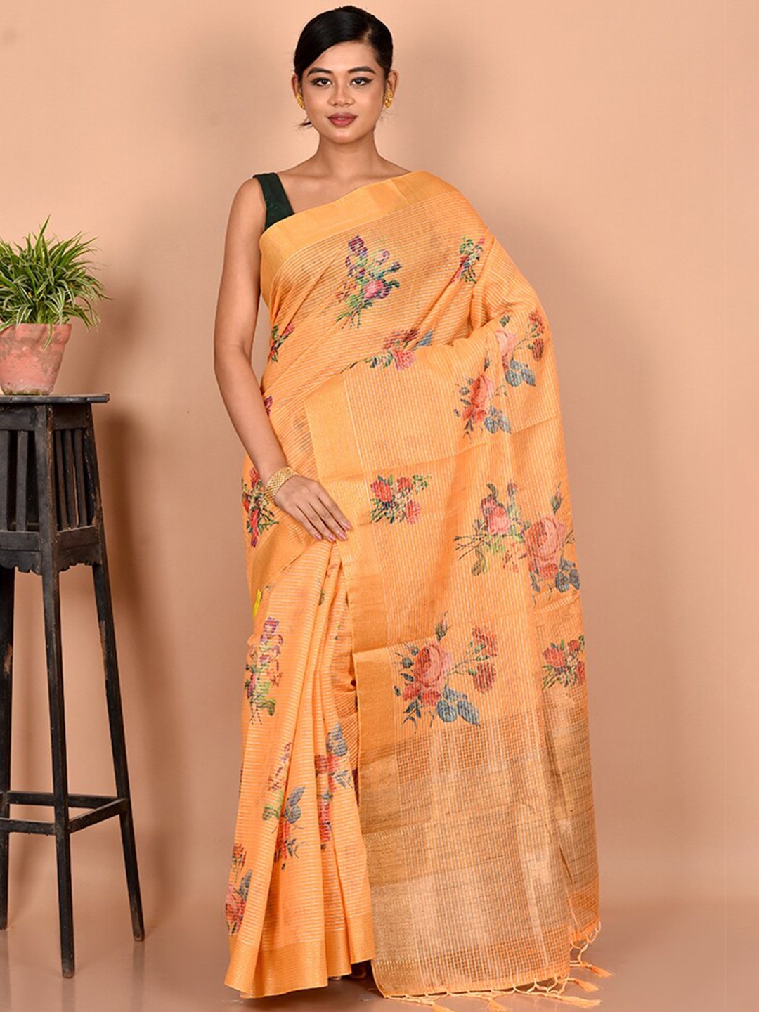 

AllSilks Yellow & Pink Floral Organza Saree