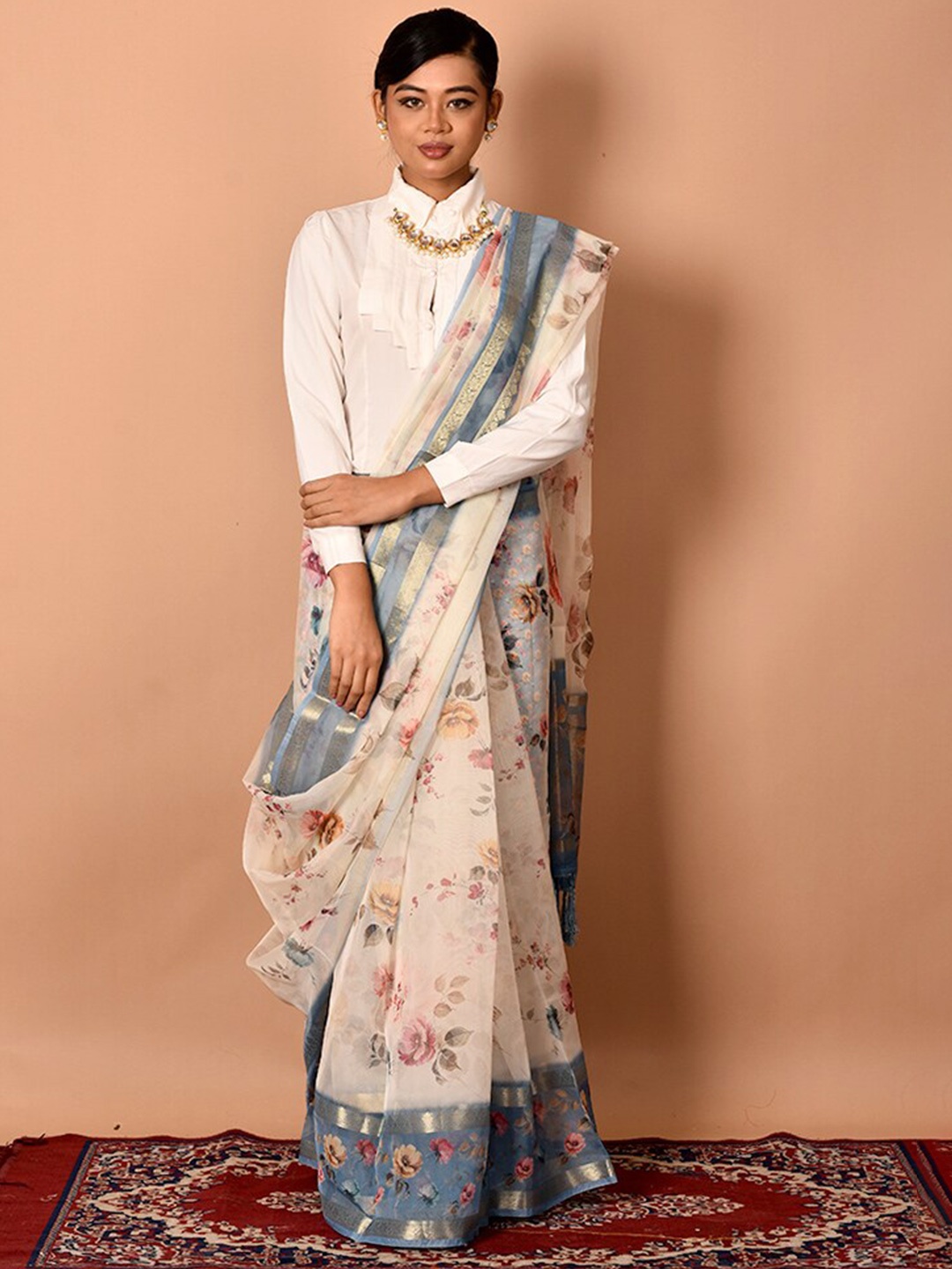 

AllSilks Off White & Blue Floral Organza Saree