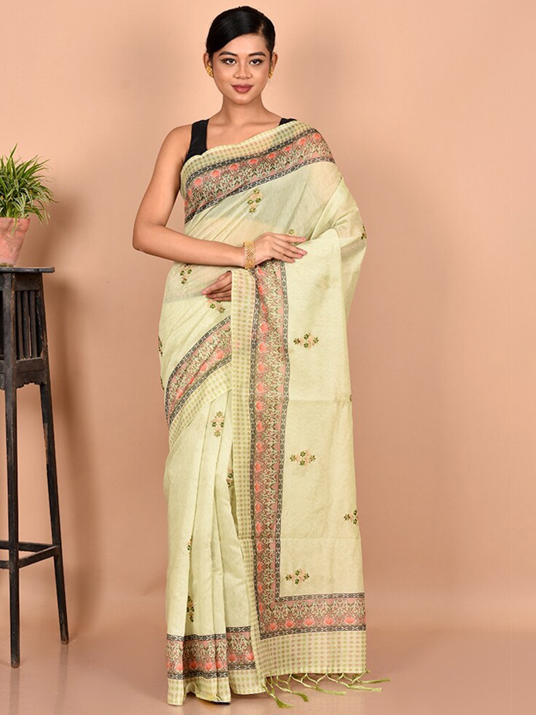 

AllSilks Green & Pink Floral Pure Cotton Saree