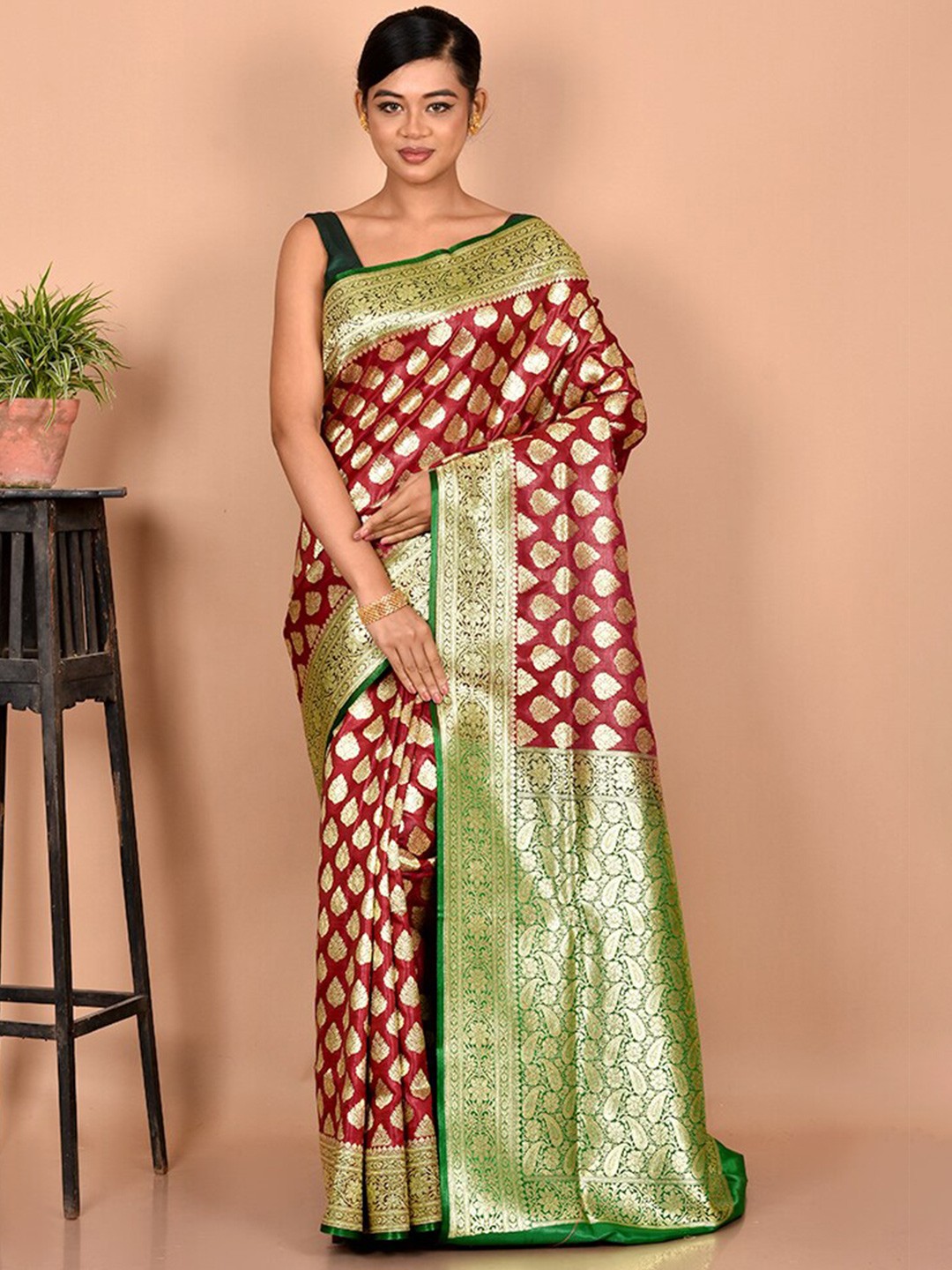 

AllSilks Maroon & Green Paisley Zari Silk Blend Banarasi Saree
