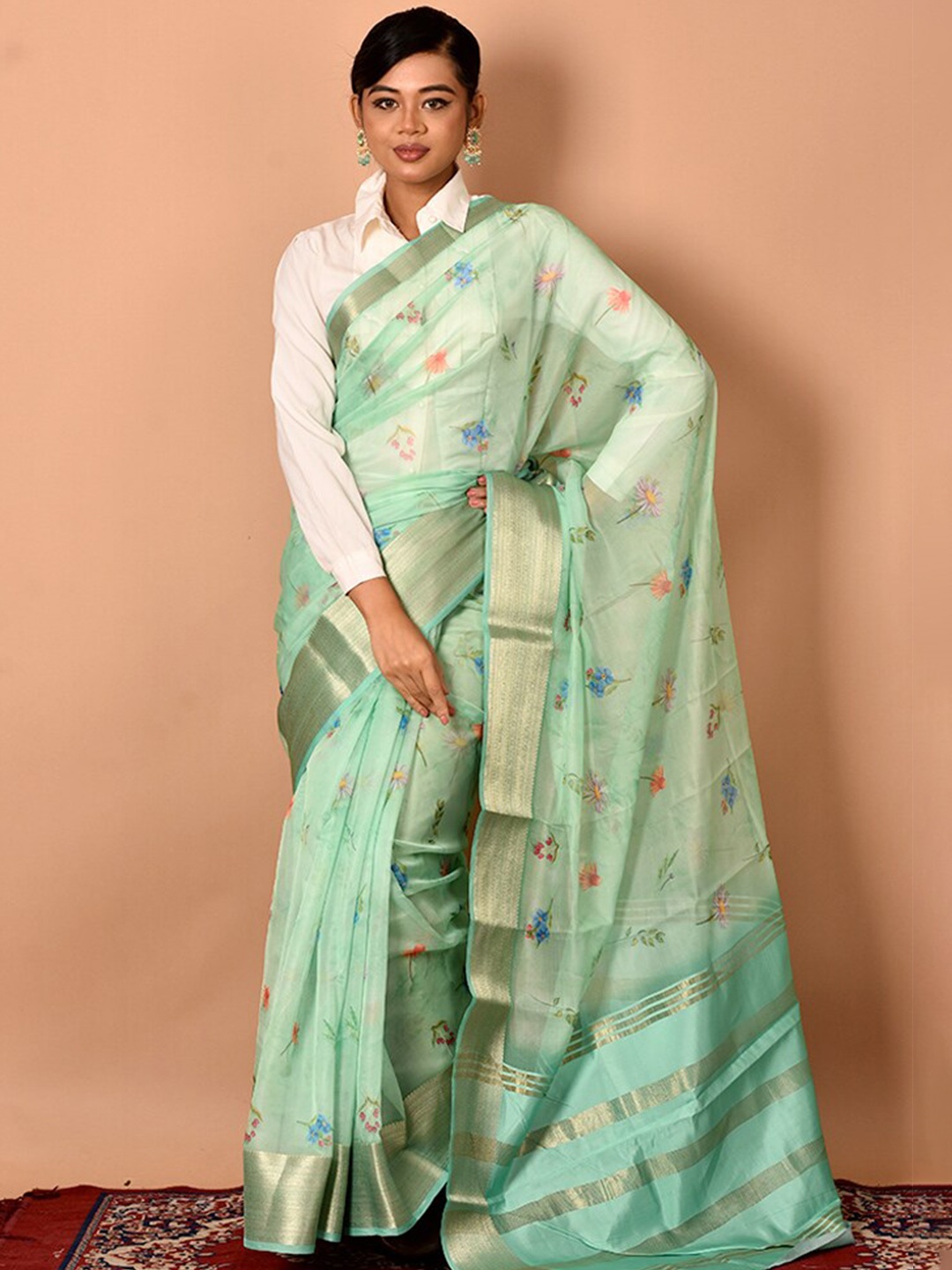 

AllSilks Green & Blue Floral Zari Organza Saree