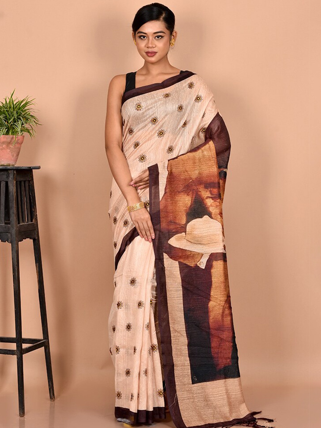 

AllSilks Cream-Coloured & Brown Silk Blend Tussar Saree