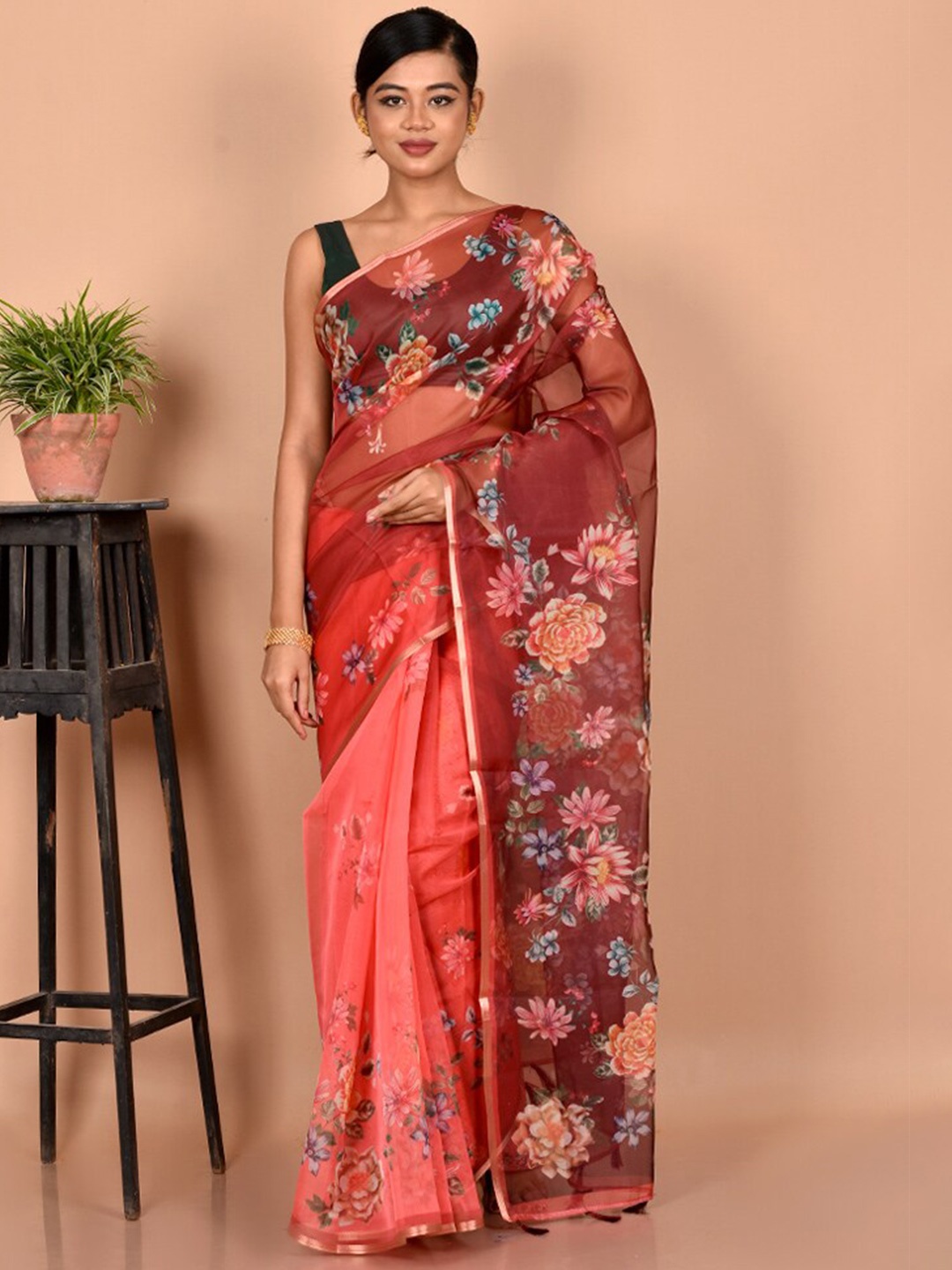 

AllSilks Red & Peach-Coloured Floral Organza Saree