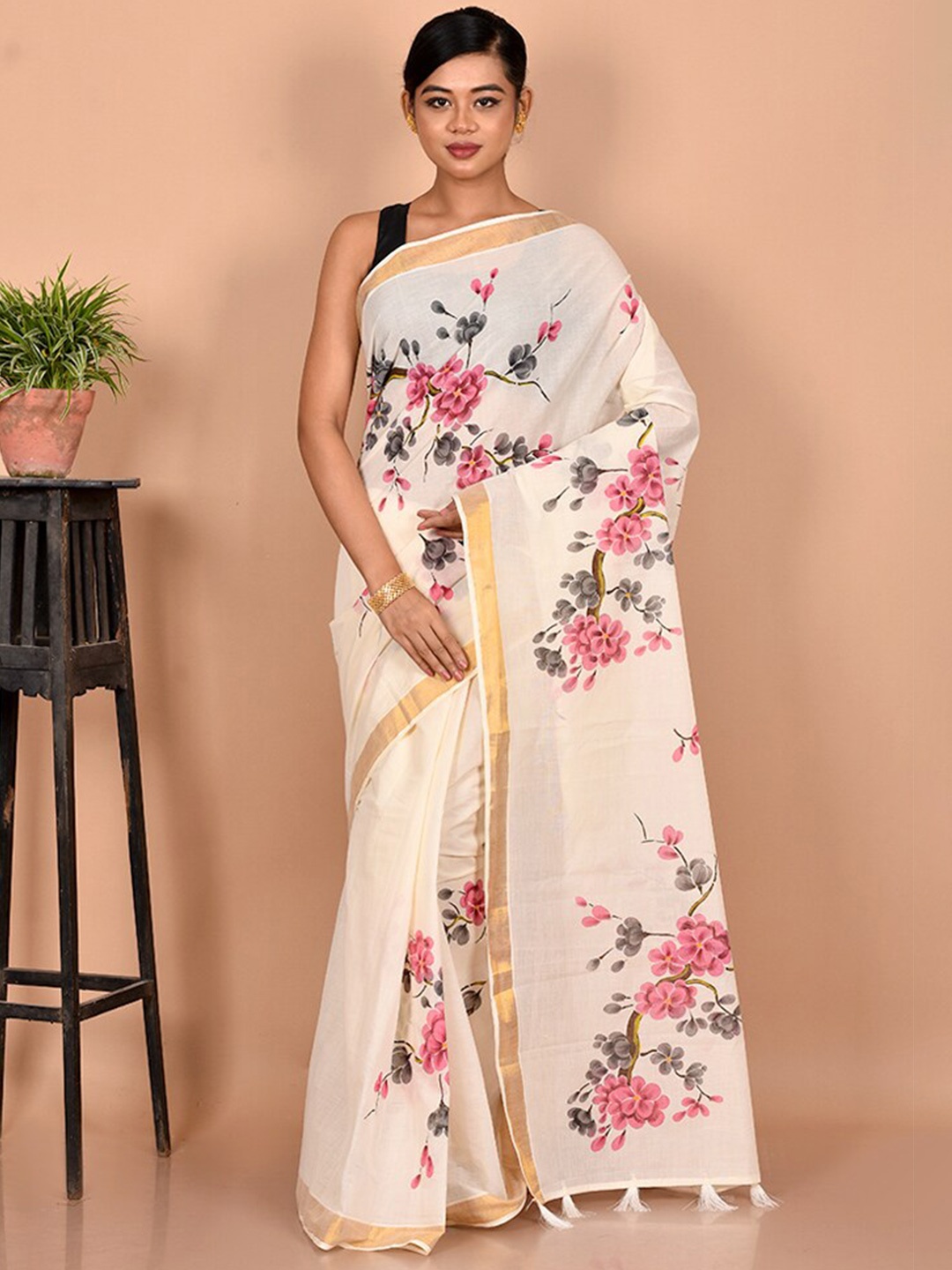 

AllSilks Off White & Pink Floral Zari Pure Cotton Saree