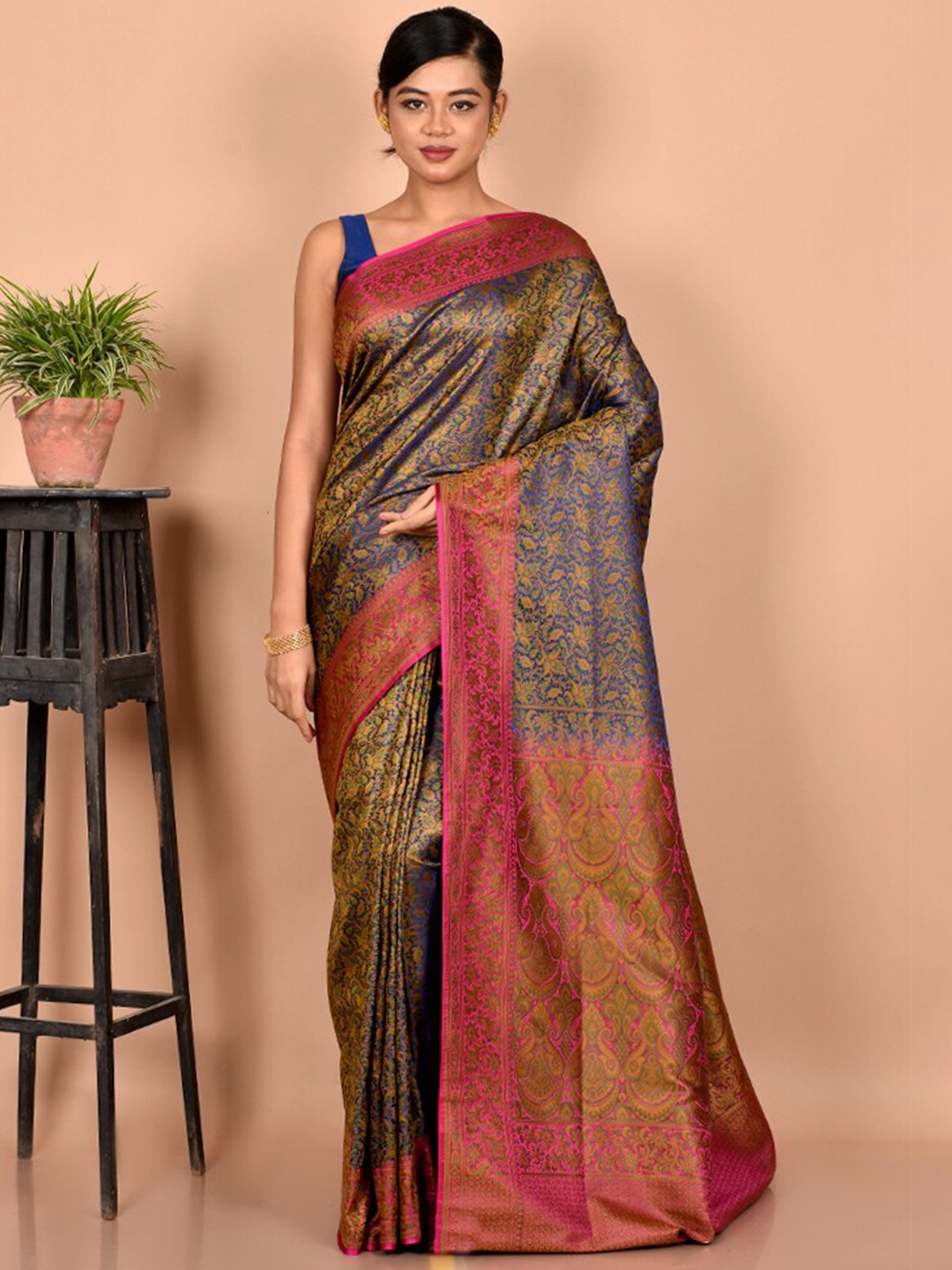 

AllSilks Blue & Pink Floral Zari Silk Blend Banarasi Saree