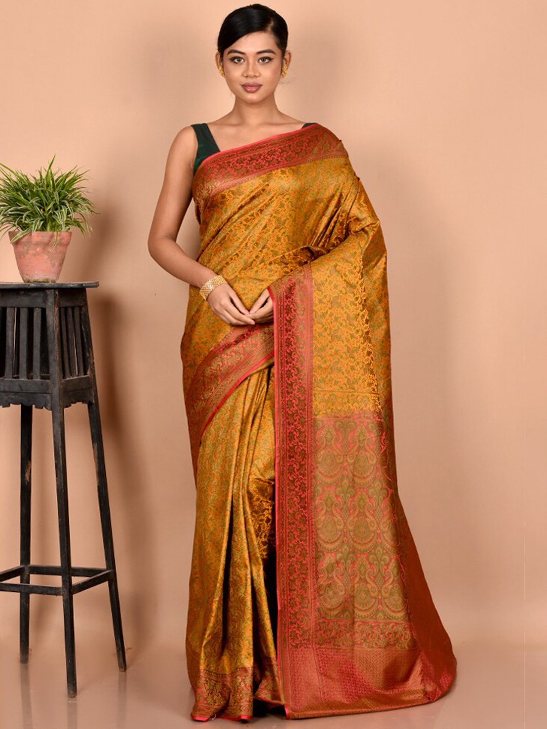 

AllSilks Yellow & Red Paisley Zari Silk Blend Banarasi Saree