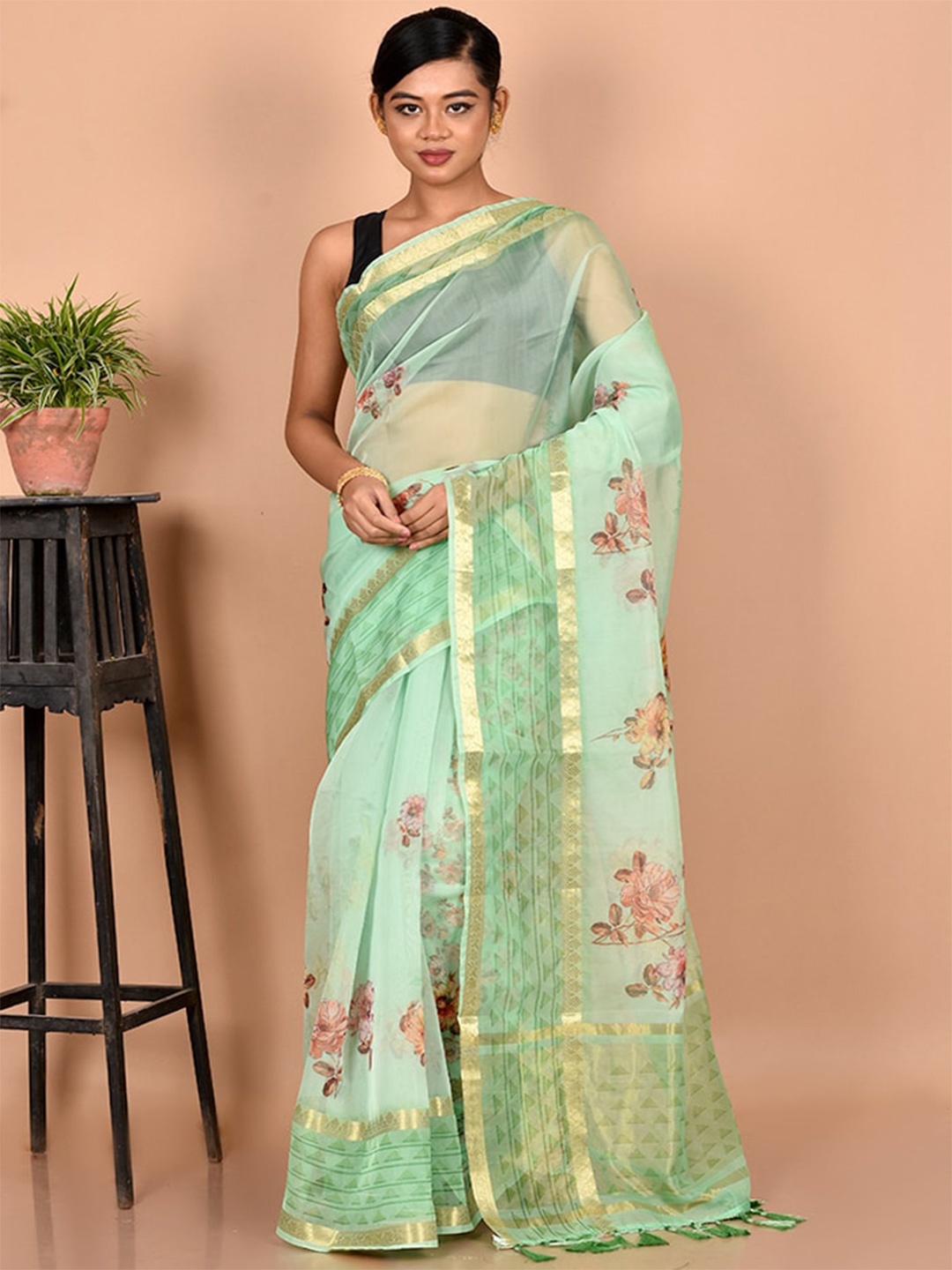 

AllSilks Green & Gold-Toned Floral Organza Saree