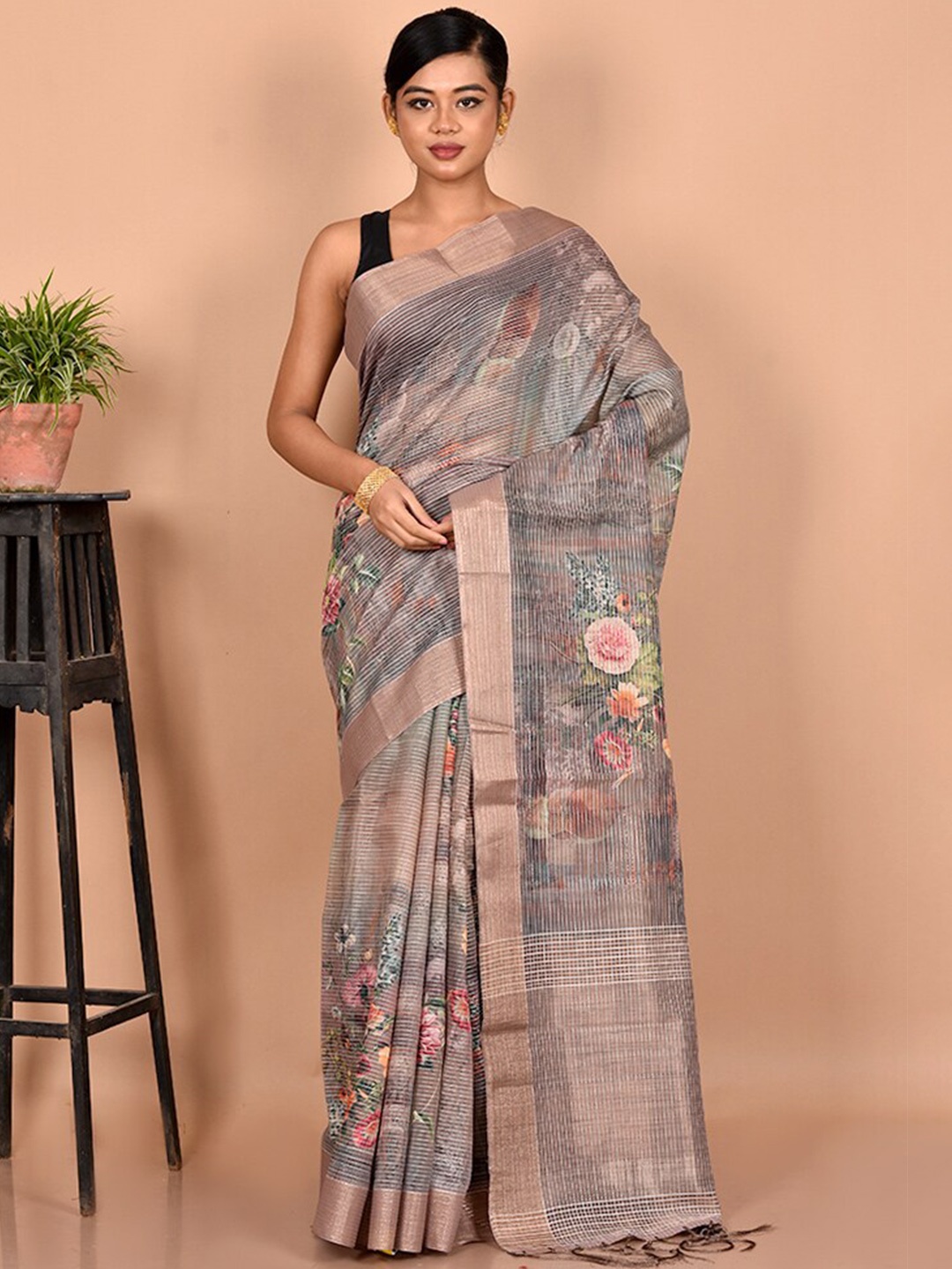 

AllSilks Grey & Pink Floral Zari Organza Saree