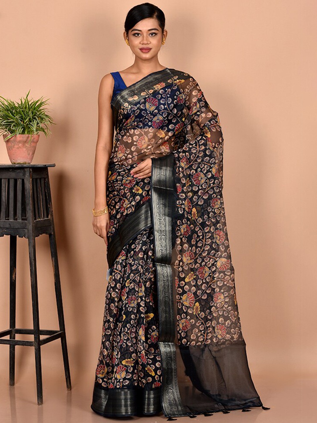 

AllSilks Black & Red Floral Zari Organza Saree