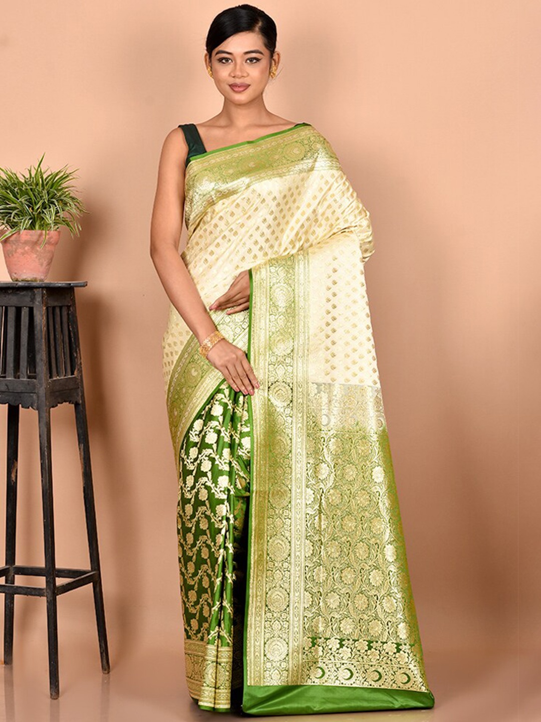 

AllSilks White & Green Floral Zari Silk Blend Banarasi Saree