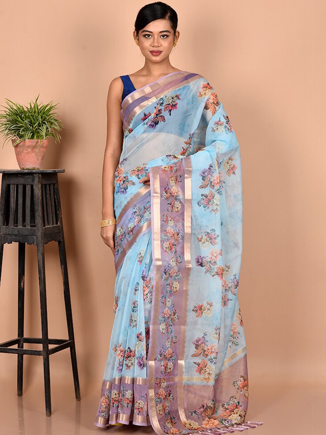 

AllSilks Blue & Pink Floral Organza Saree