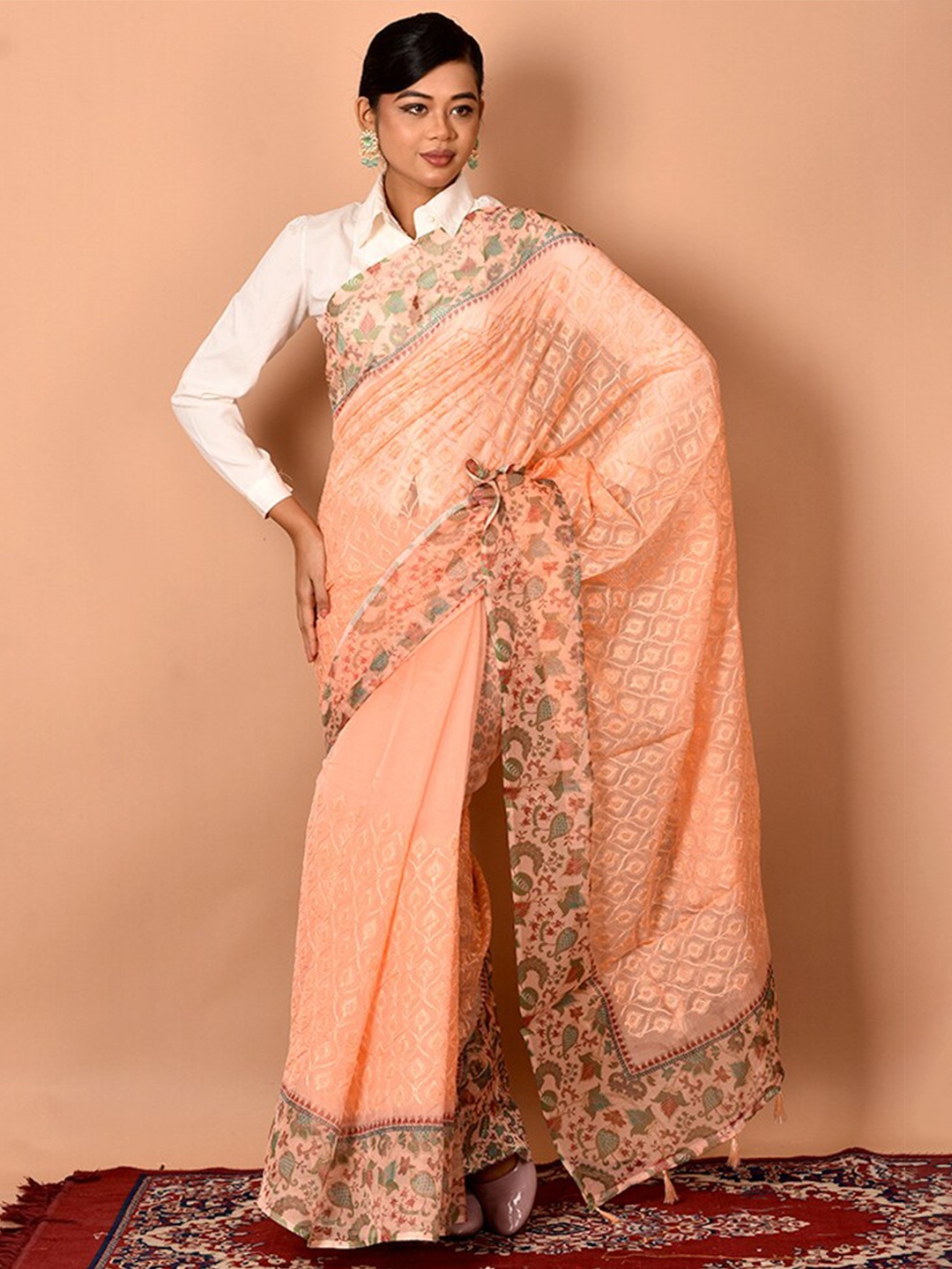 

AllSilks Peach-Coloured & Green Floral Organza Saree