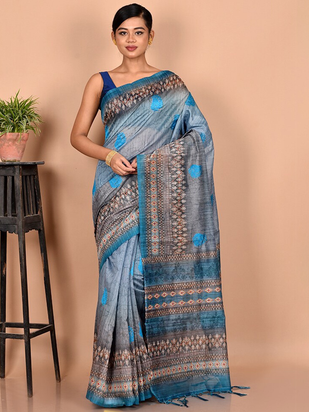 

AllSilks Blue & Grey Ethnic Motifs Pure Cotton Saree