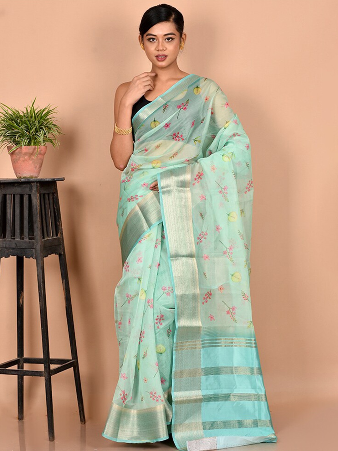 

AllSilks Green & Pink Floral Zari Organza Saree