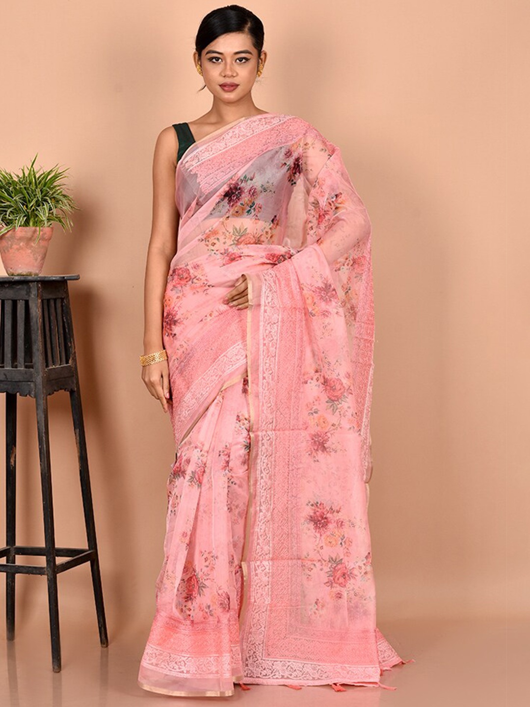 

AllSilks Pink & Green Floral Zari Organza Saree