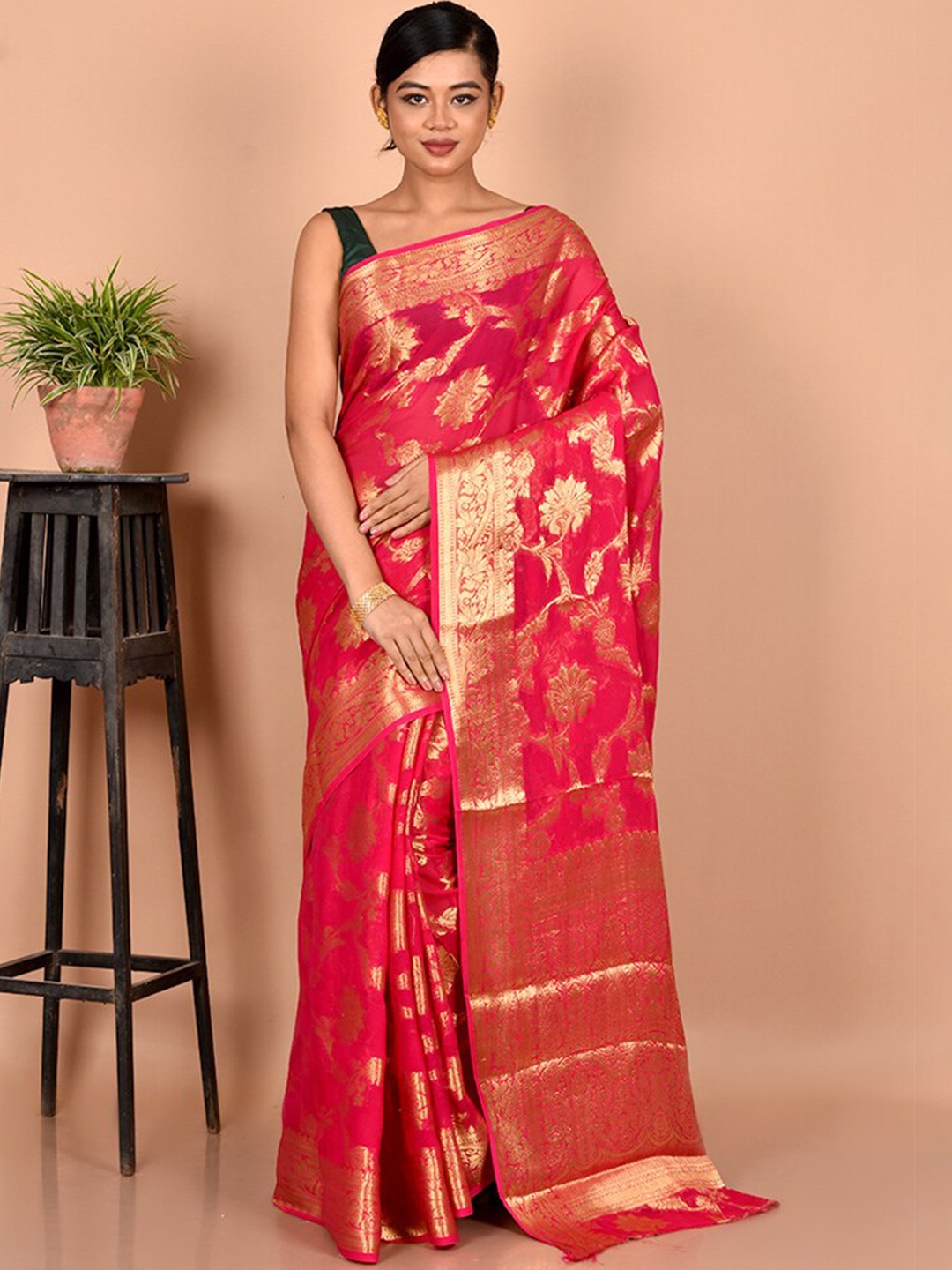 

AllSilks Pink & Gold-Toned Floral Zari Saree
