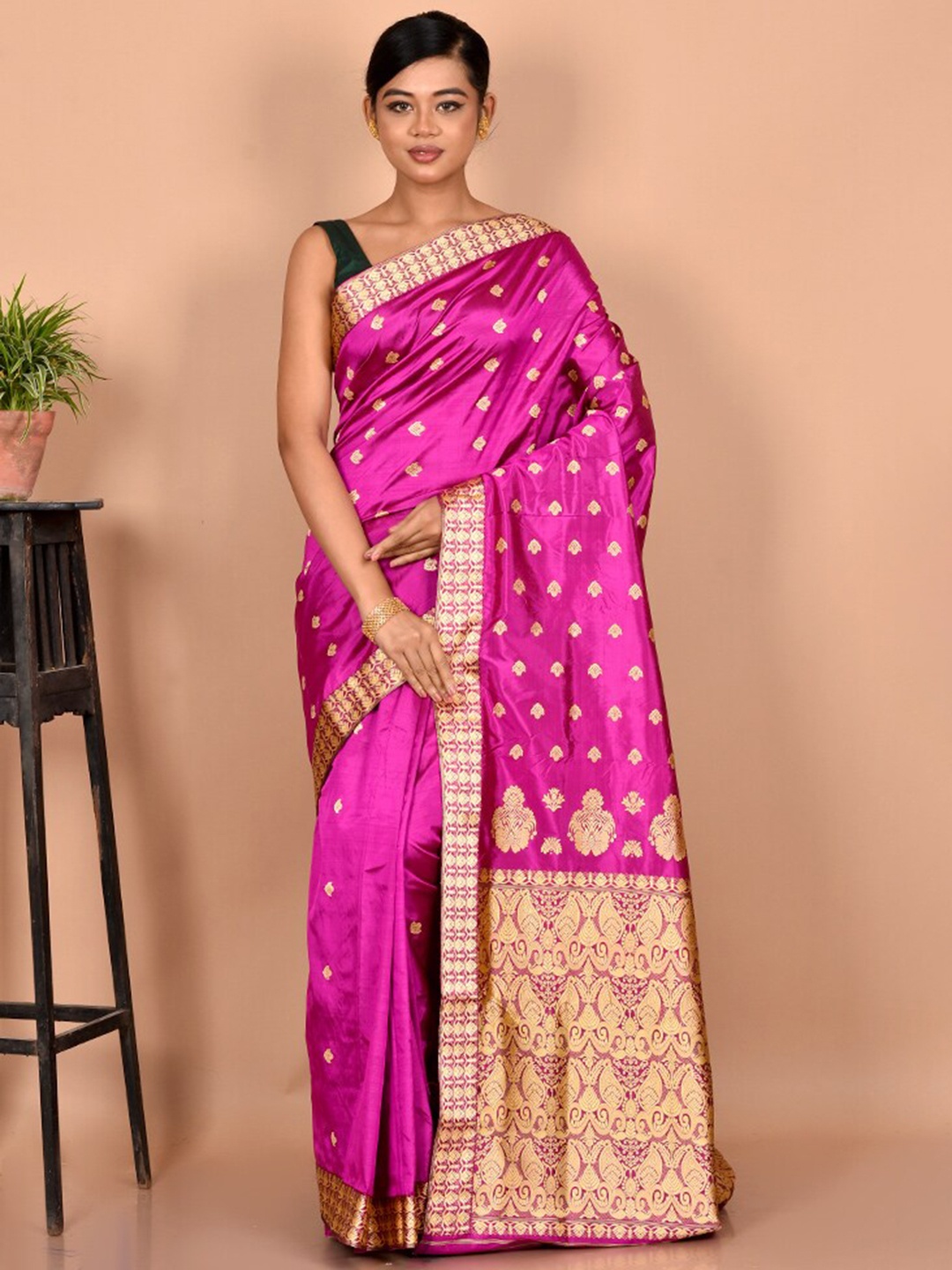 

AllSilks Purple & Gold-Toned Ethnic Motifs Zari Pure Silk Saree