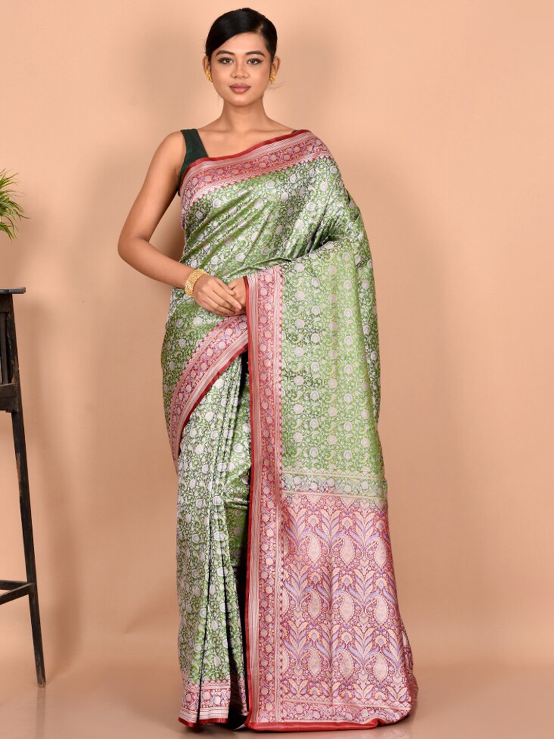 

AllSilks Green & Pink Floral Zari Silk Blend Banarasi Saree