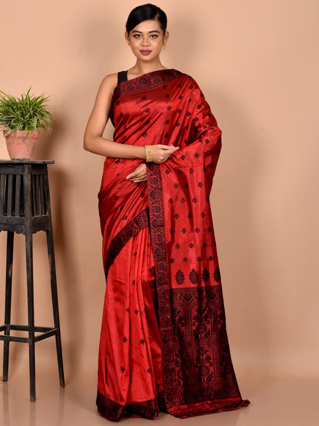 

AllSilks Red & Black Floral Pure Silk Saree