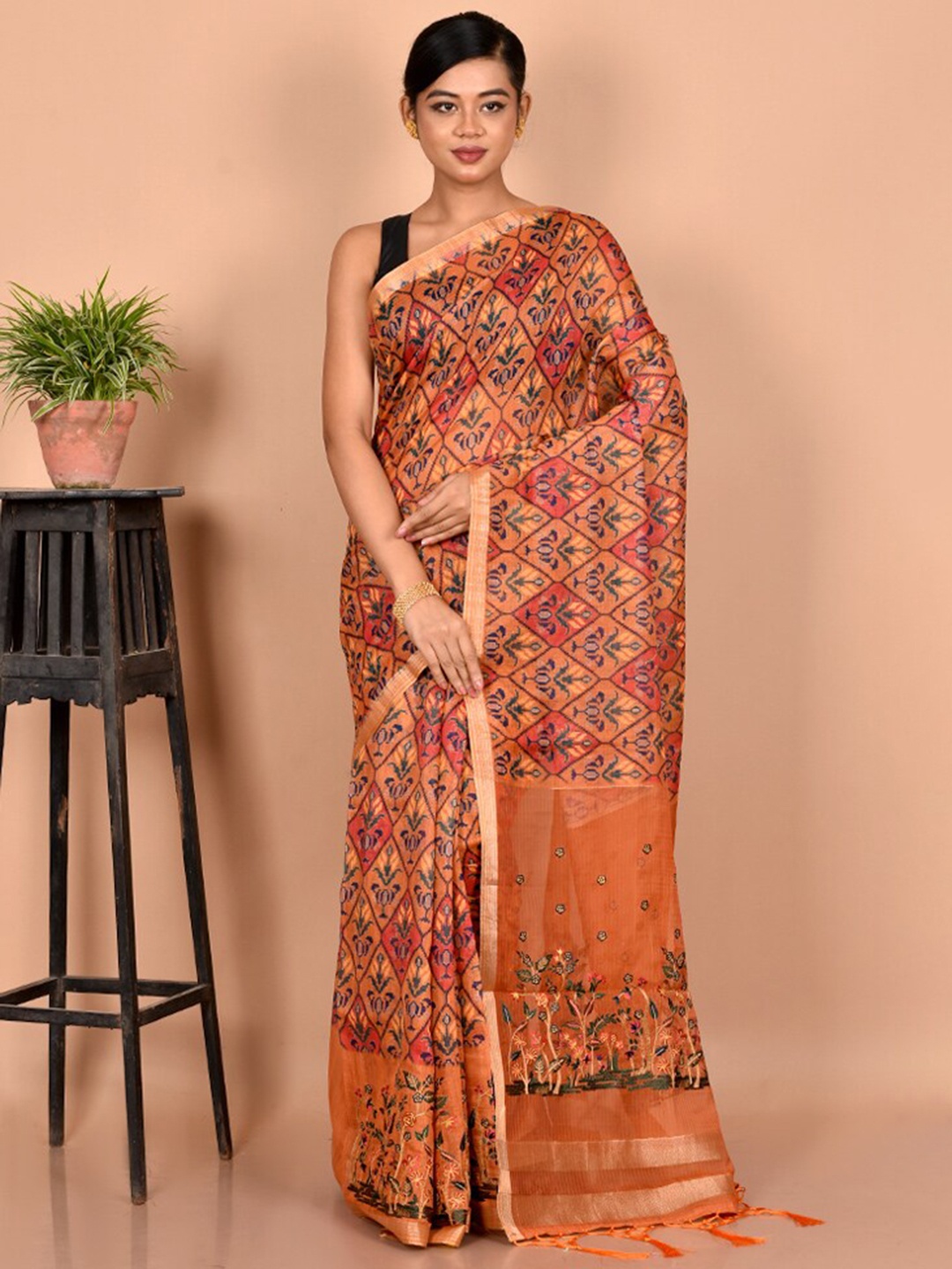 

AllSilks Rust & Pink Floral Zari Organza Saree