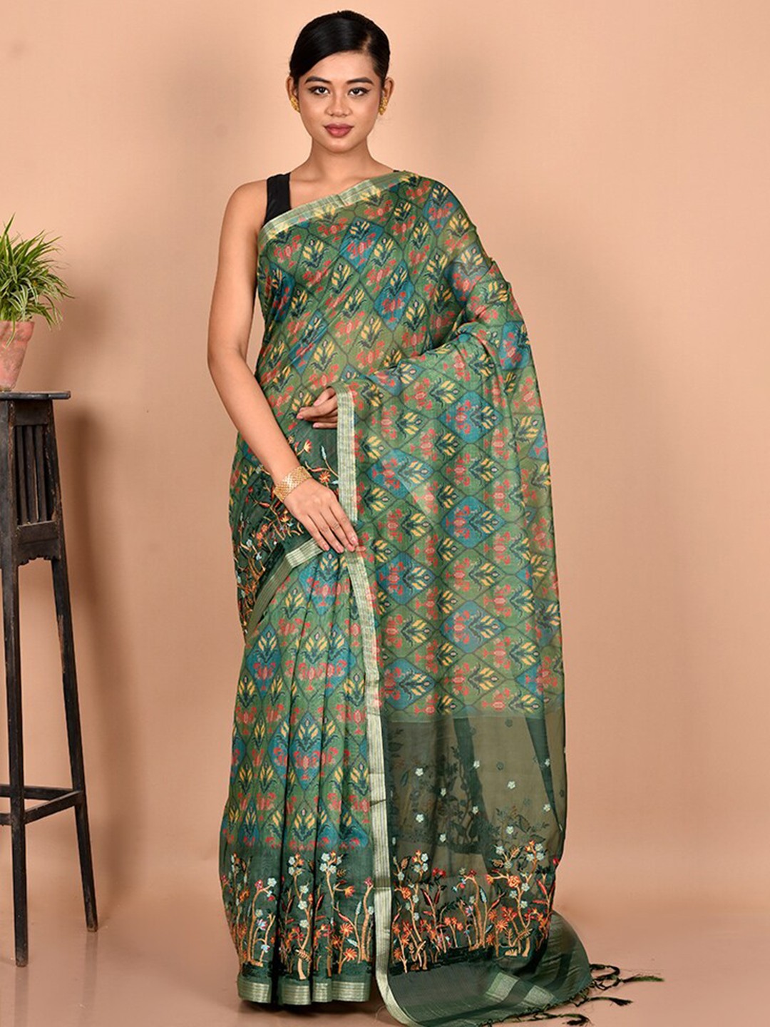 

AllSilks Green & Blue Floral Zari Organza Saree