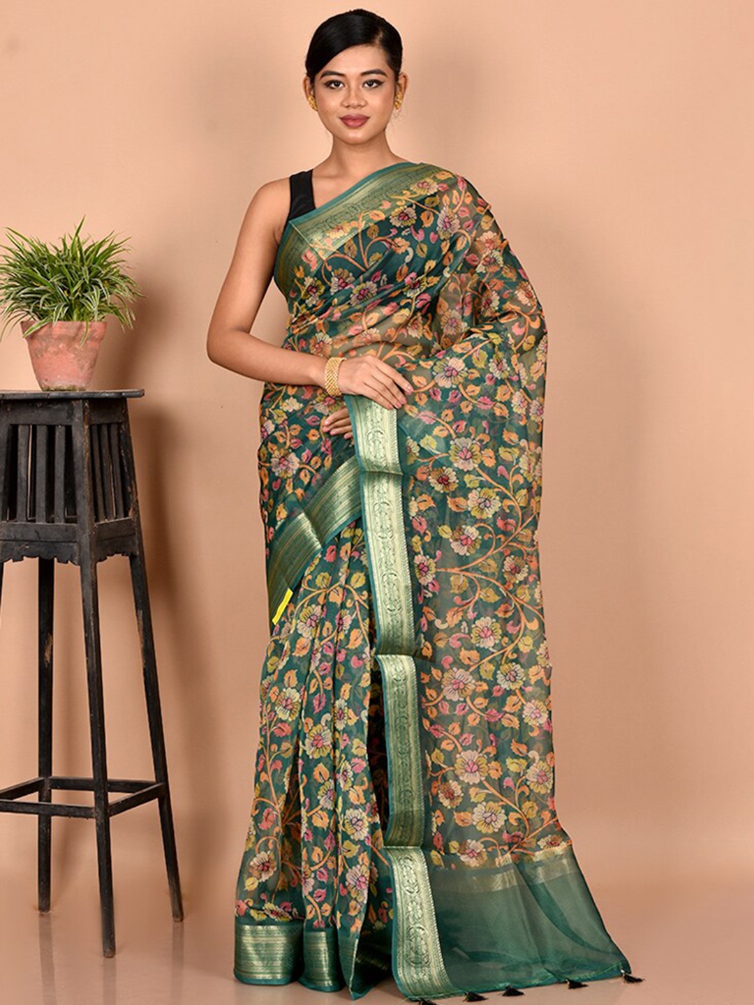 

AllSilks Green & Pink Floral Organza Saree