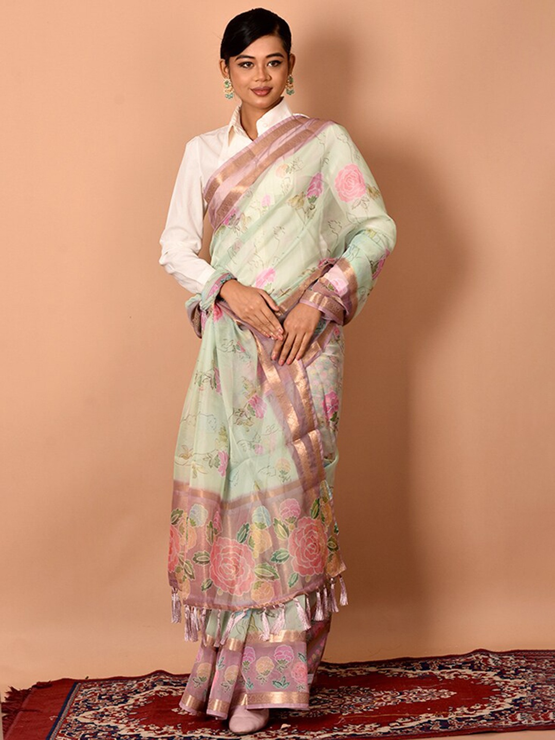 

AllSilks Green & Pink Floral Zari Organza Saree